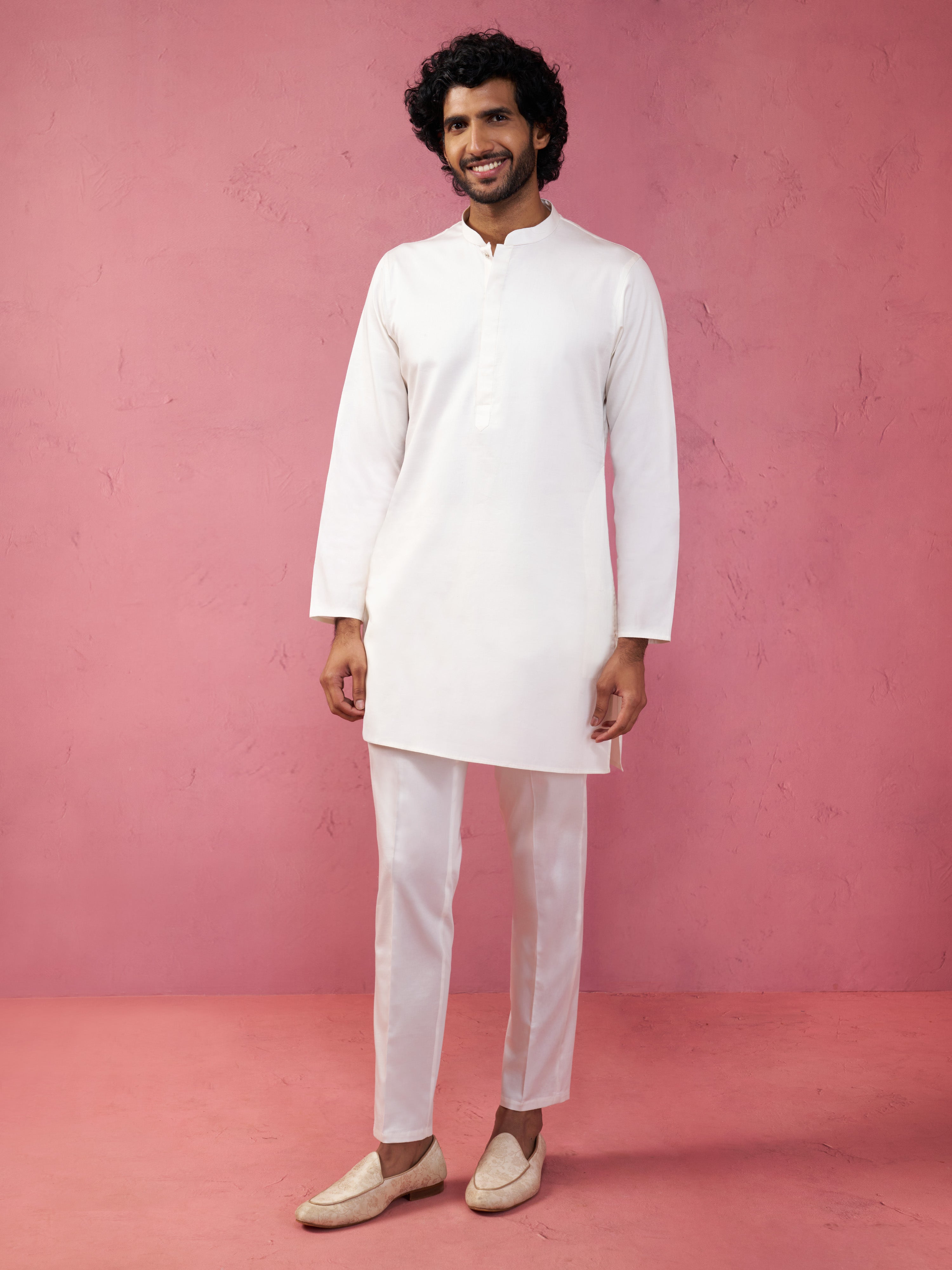 Men's Cream Fine Satin Kurta Set with Matching Pant
