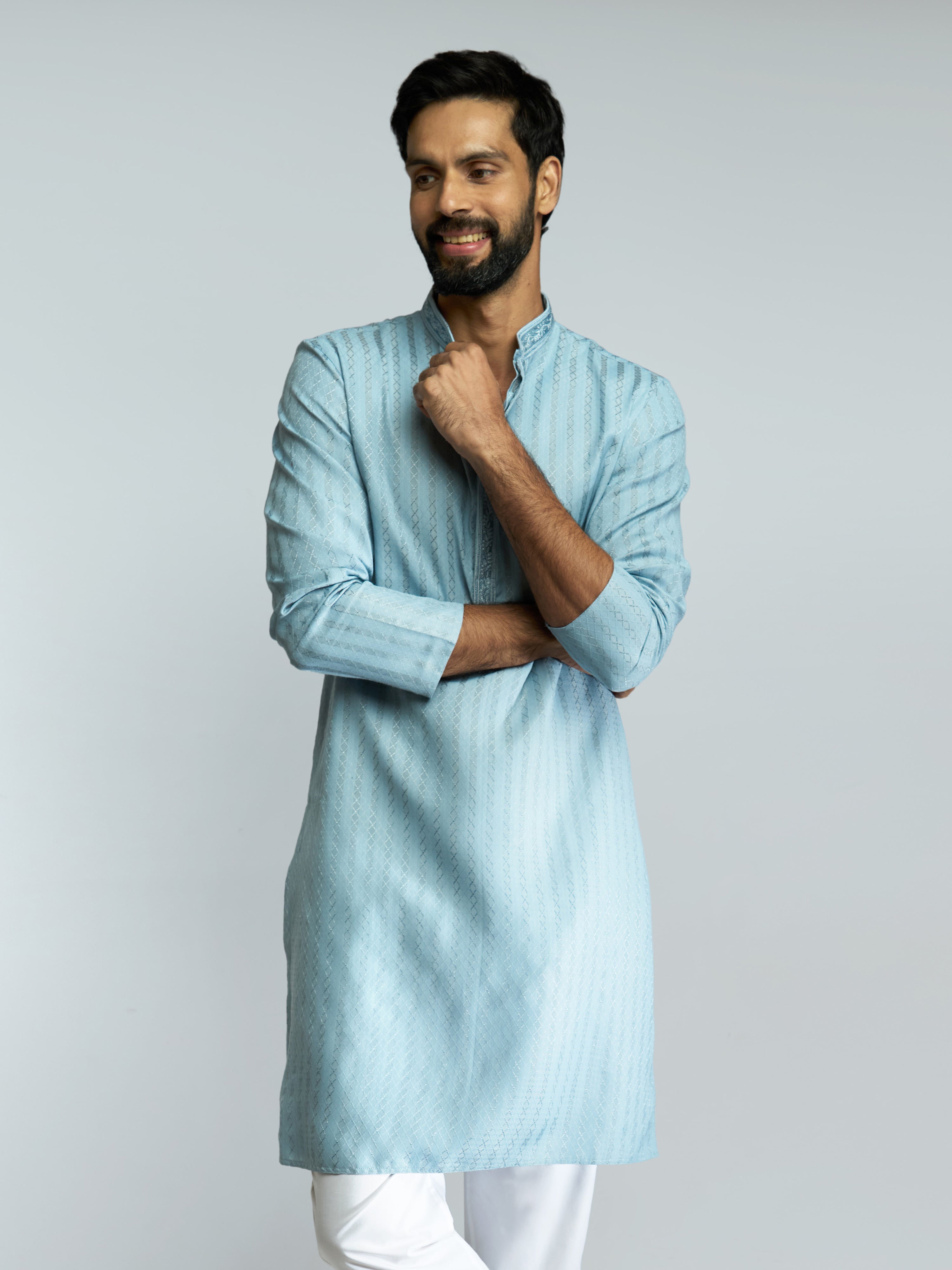 Men Aqua Cotton Blend Jacquard Embroidered Long Kurta