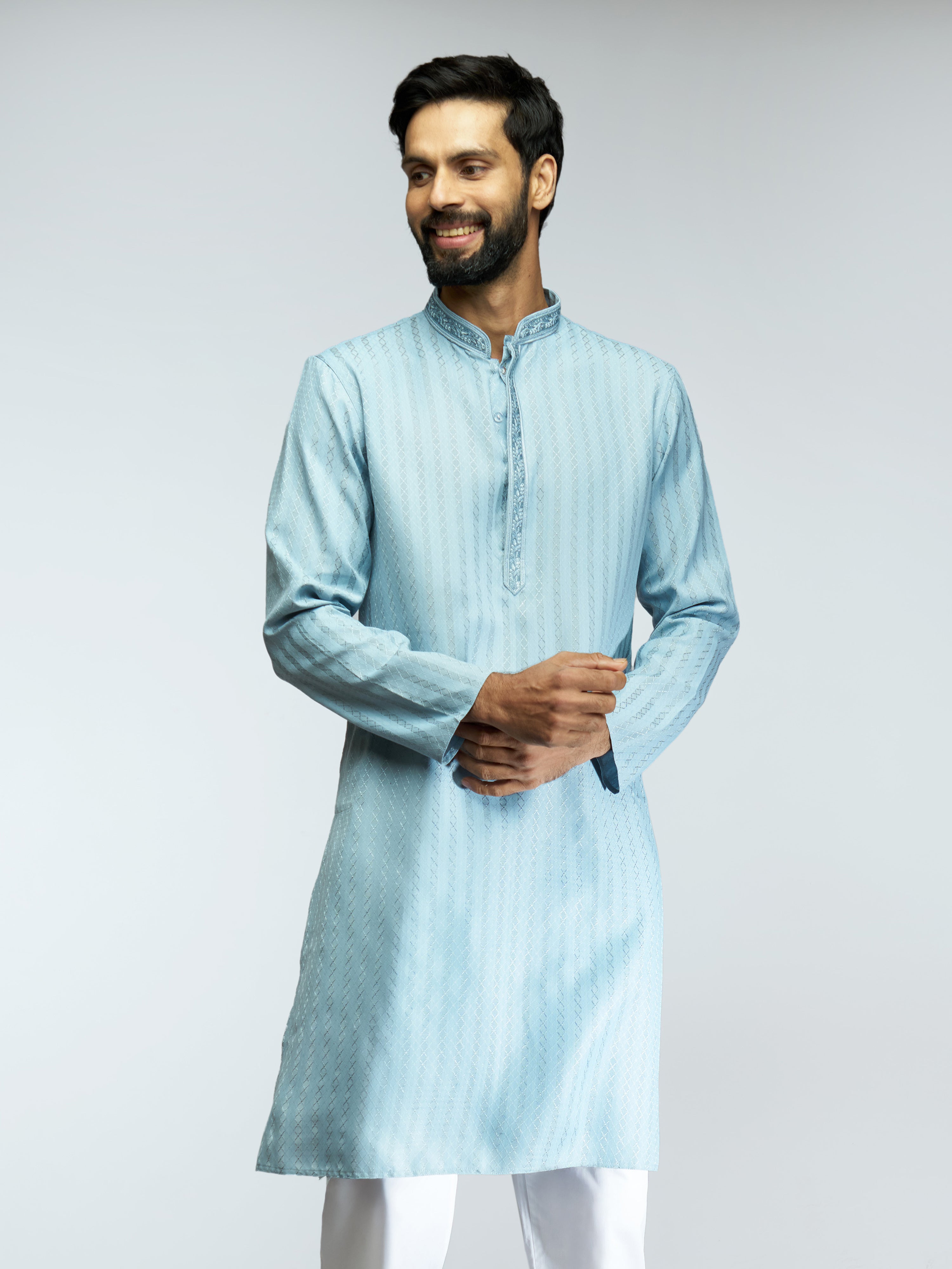 Men Aqua Cotton Blend Jacquard Embroidered Long Kurta