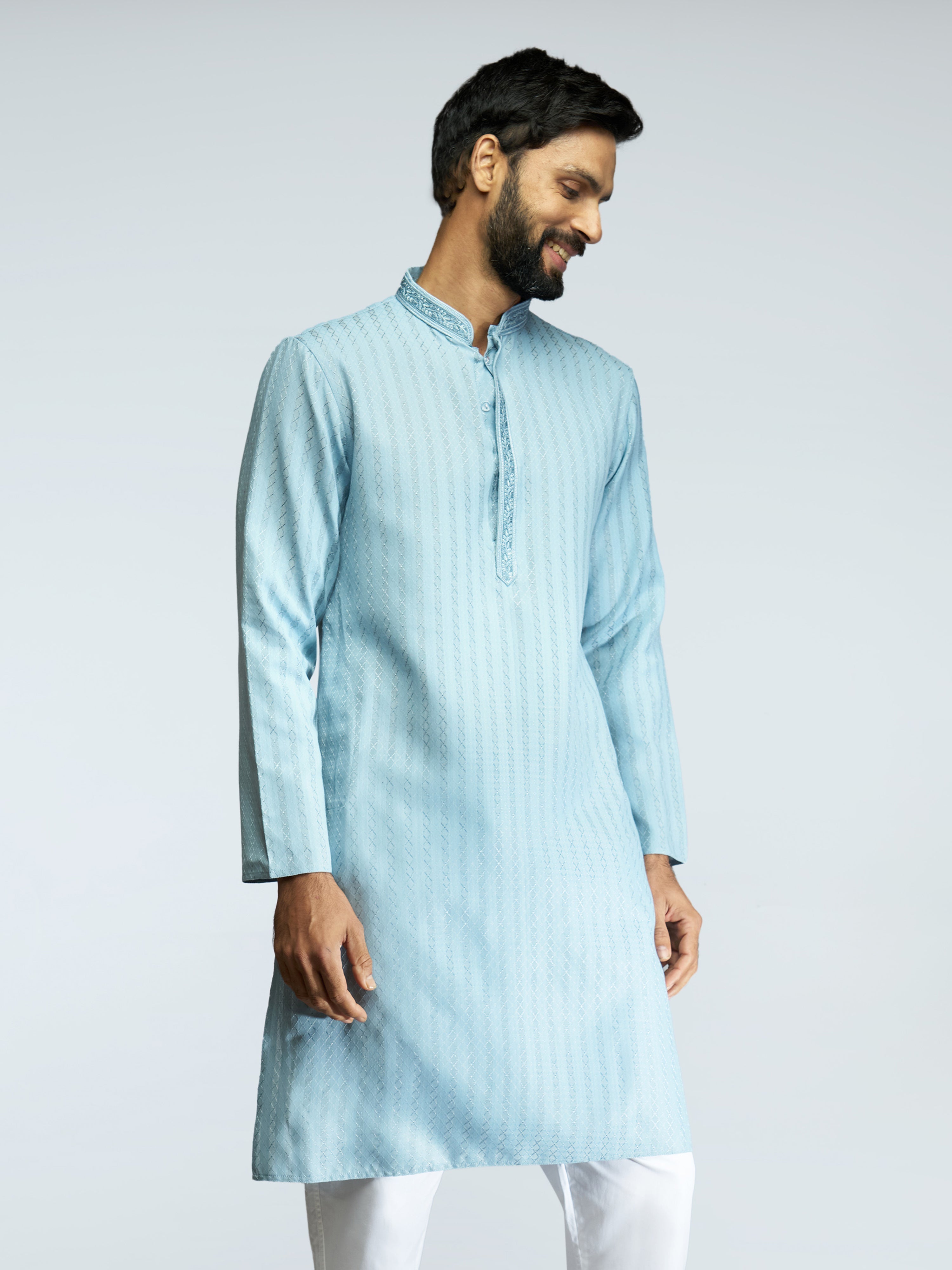 Men Aqua Cotton Blend Jacquard Embroidered Long Kurta
