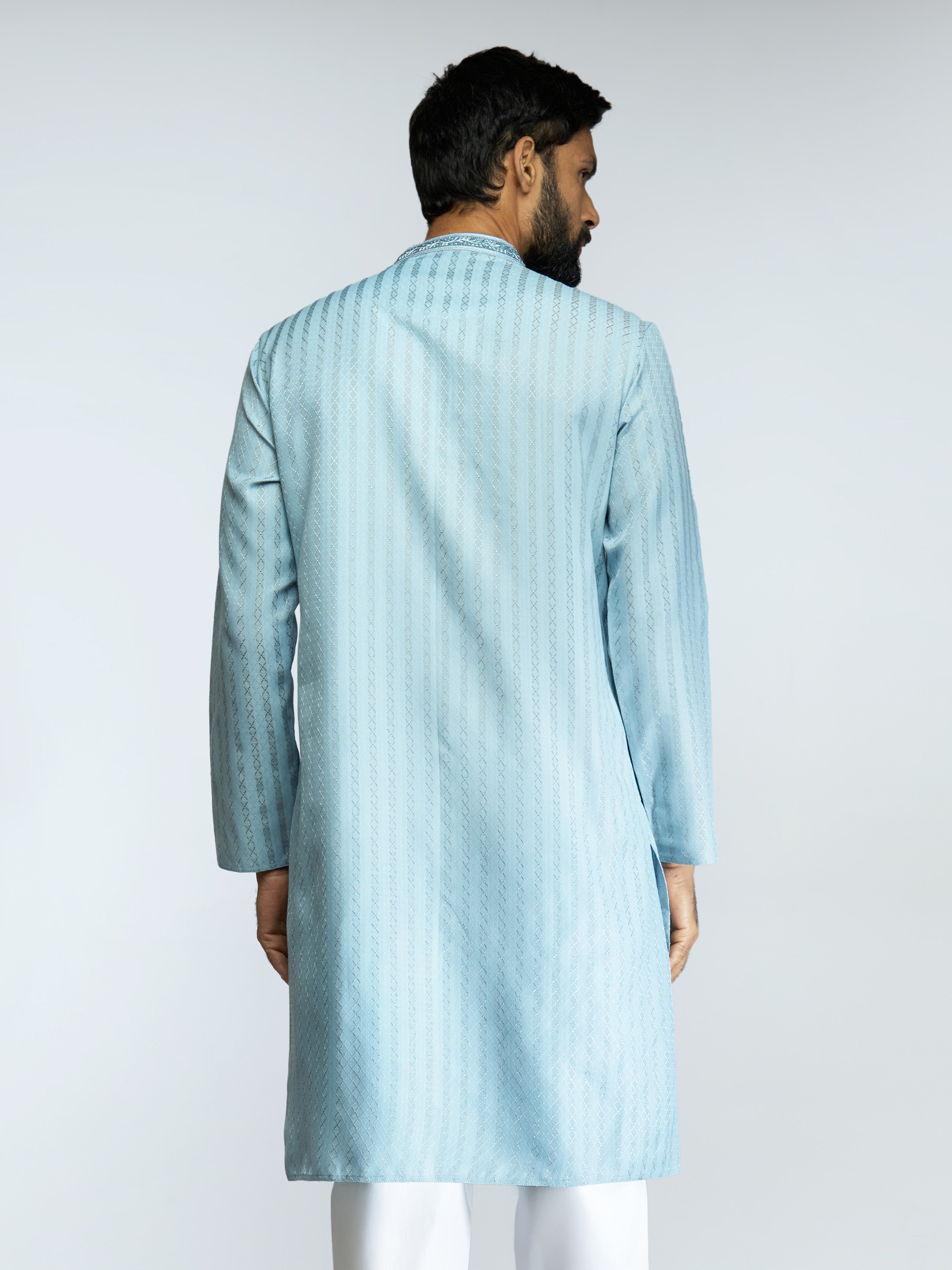 Men Aqua Cotton Blend Jacquard Embroidered Long Kurta