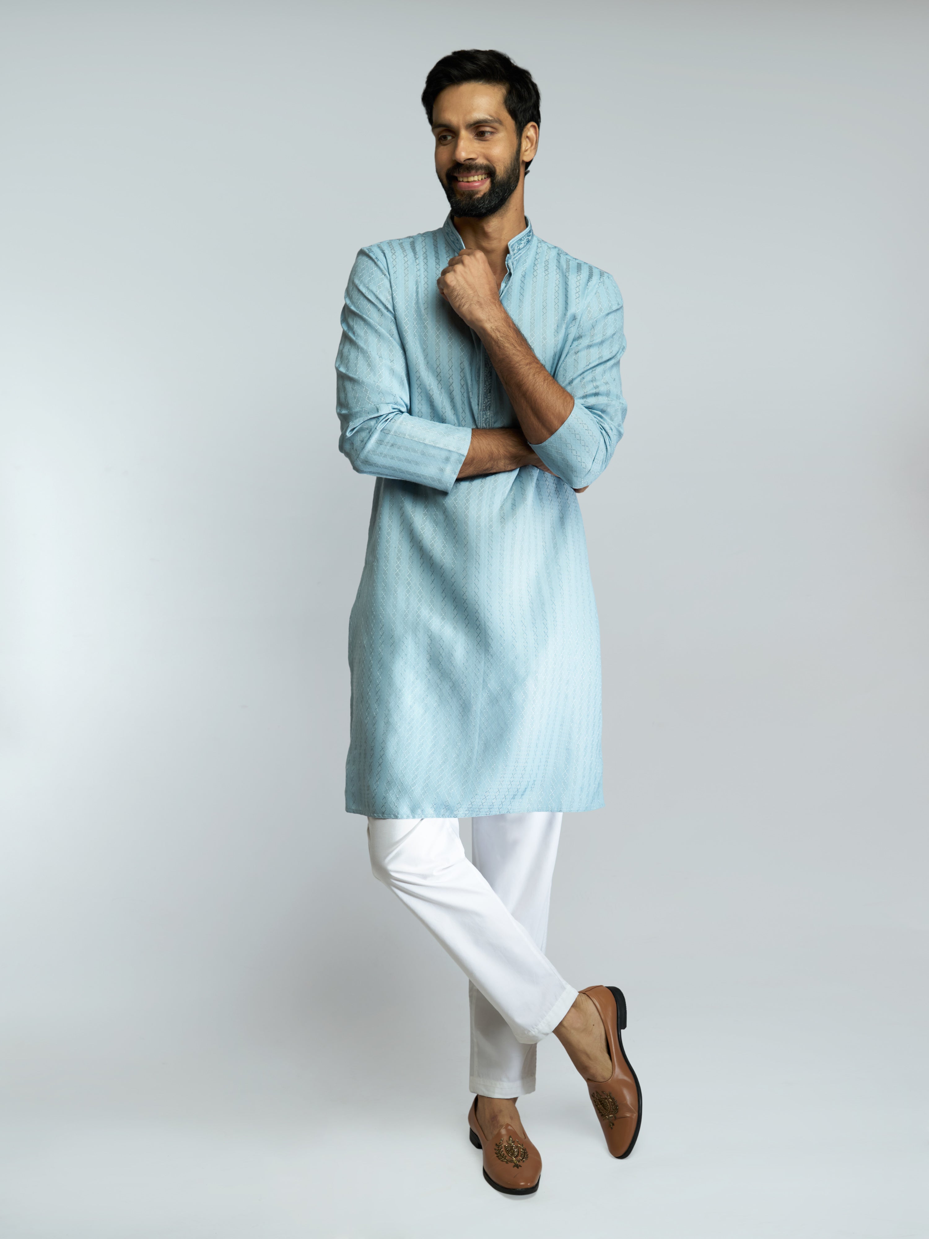 Men Aqua Cotton Blend Jacquard Embroidered Long Kurta