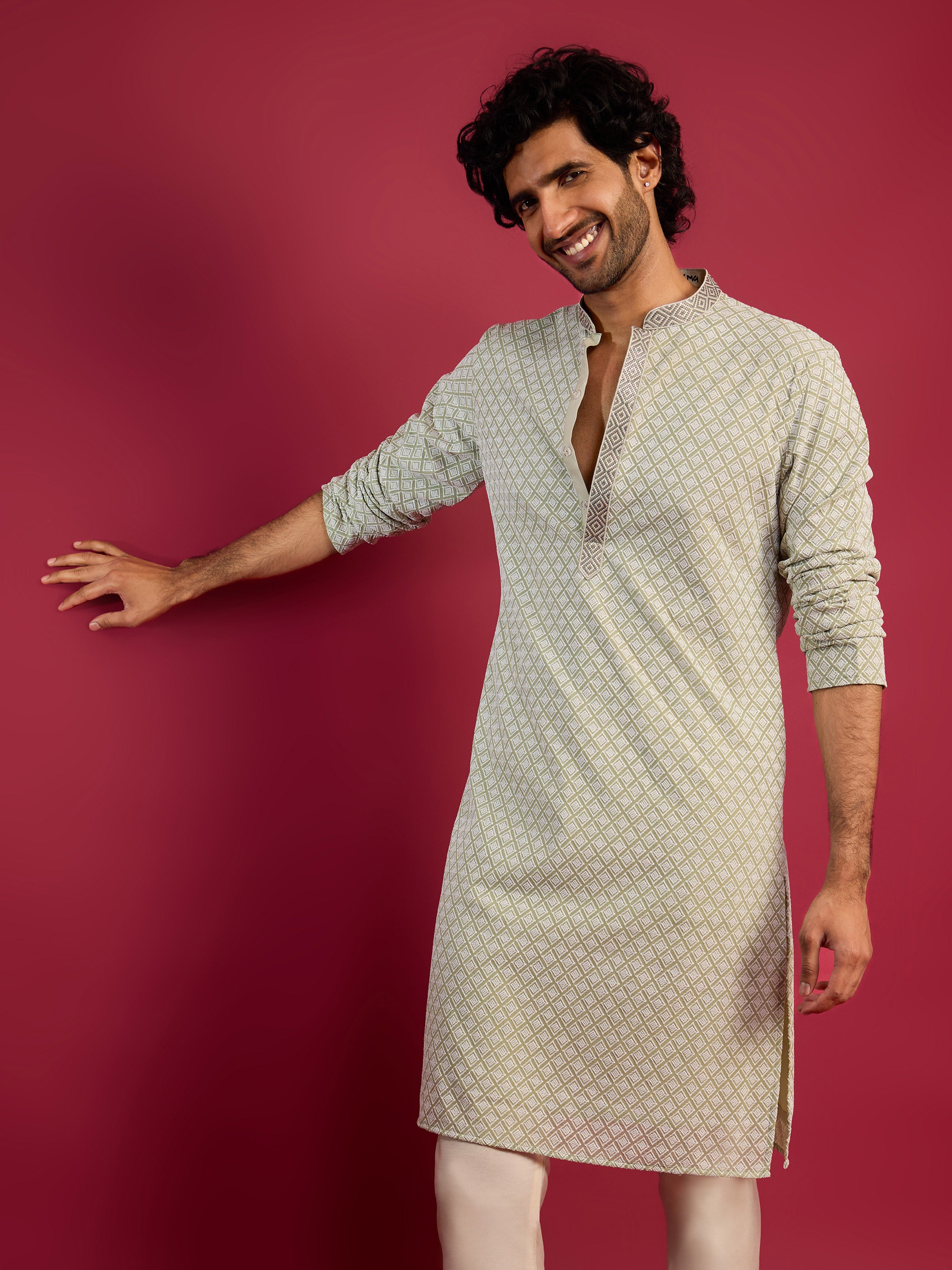 Men's Mint Green Thread Embroidered Faux Georgette Long Kurta