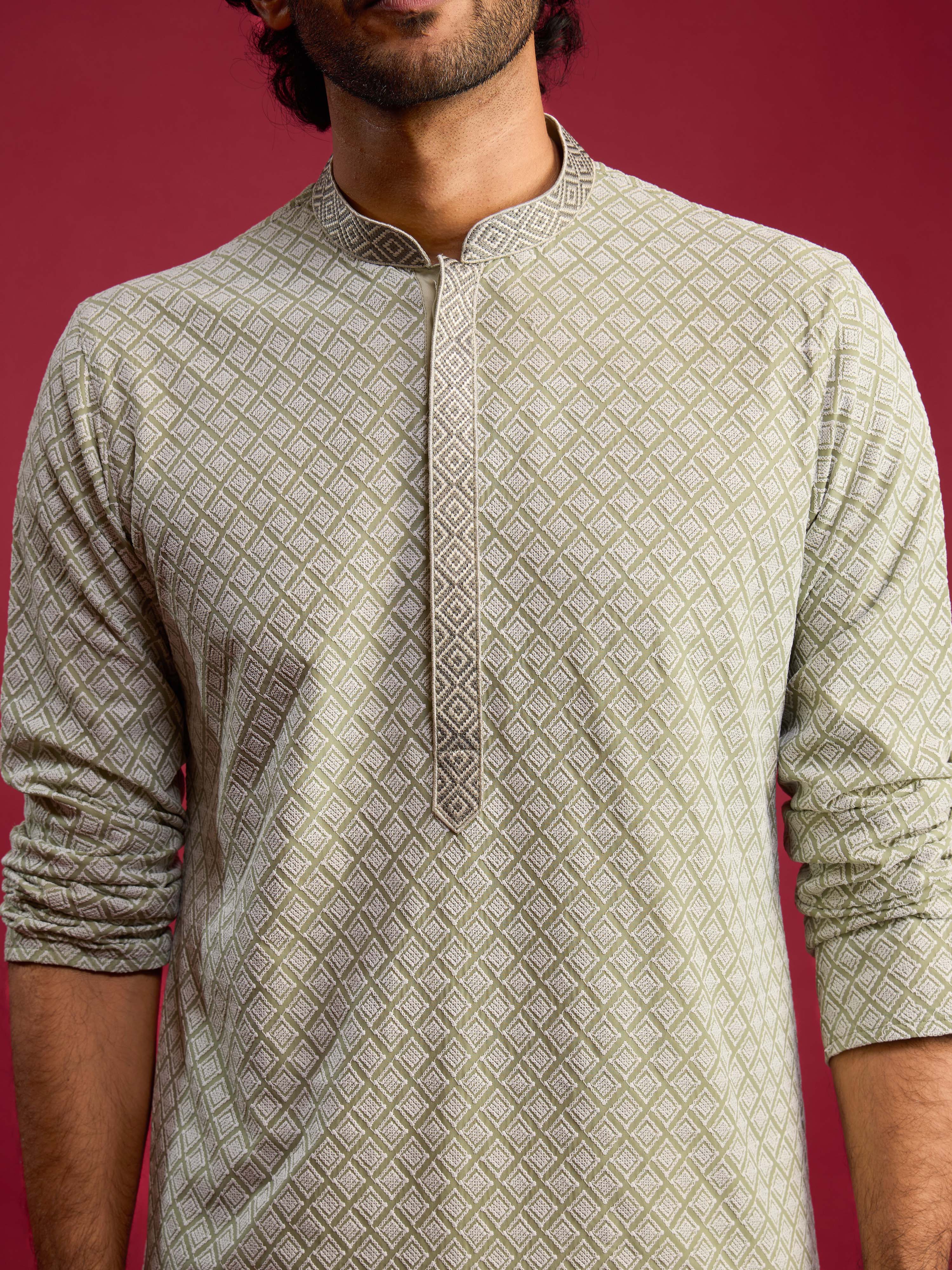Men's Mint Green Thread Embroidered Faux Georgette Long Kurta
