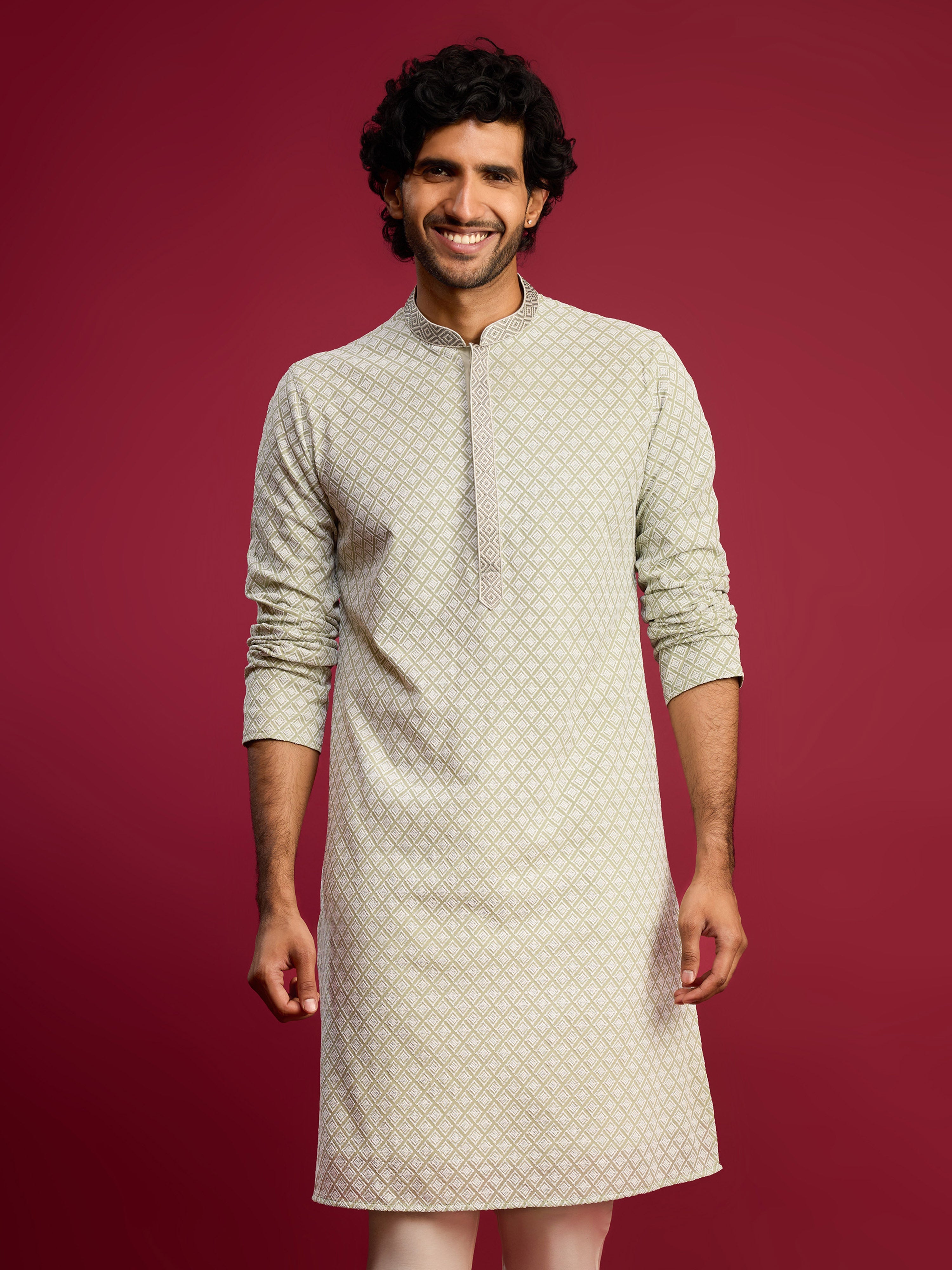Men's Mint Green Thread Embroidered Faux Georgette Long Kurta