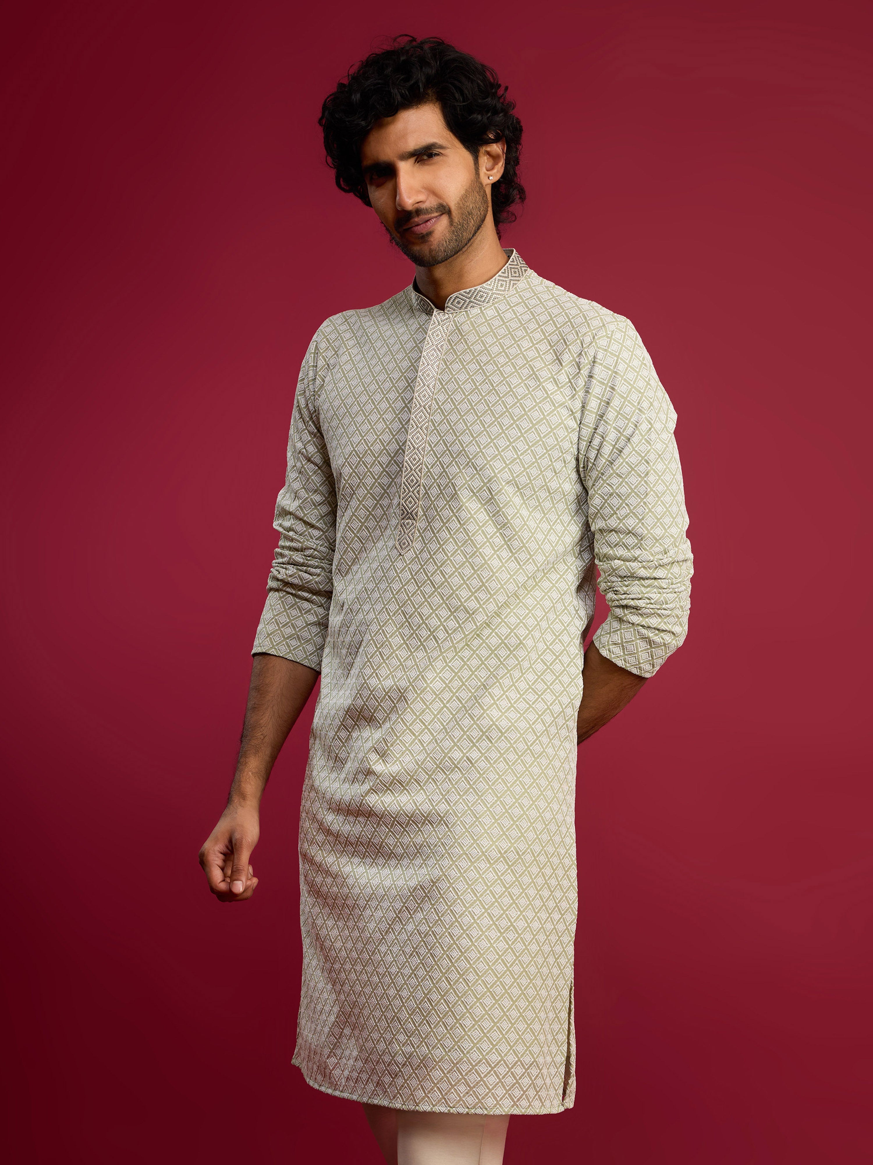 Men's Mint Green Thread Embroidered Faux Georgette Long Kurta