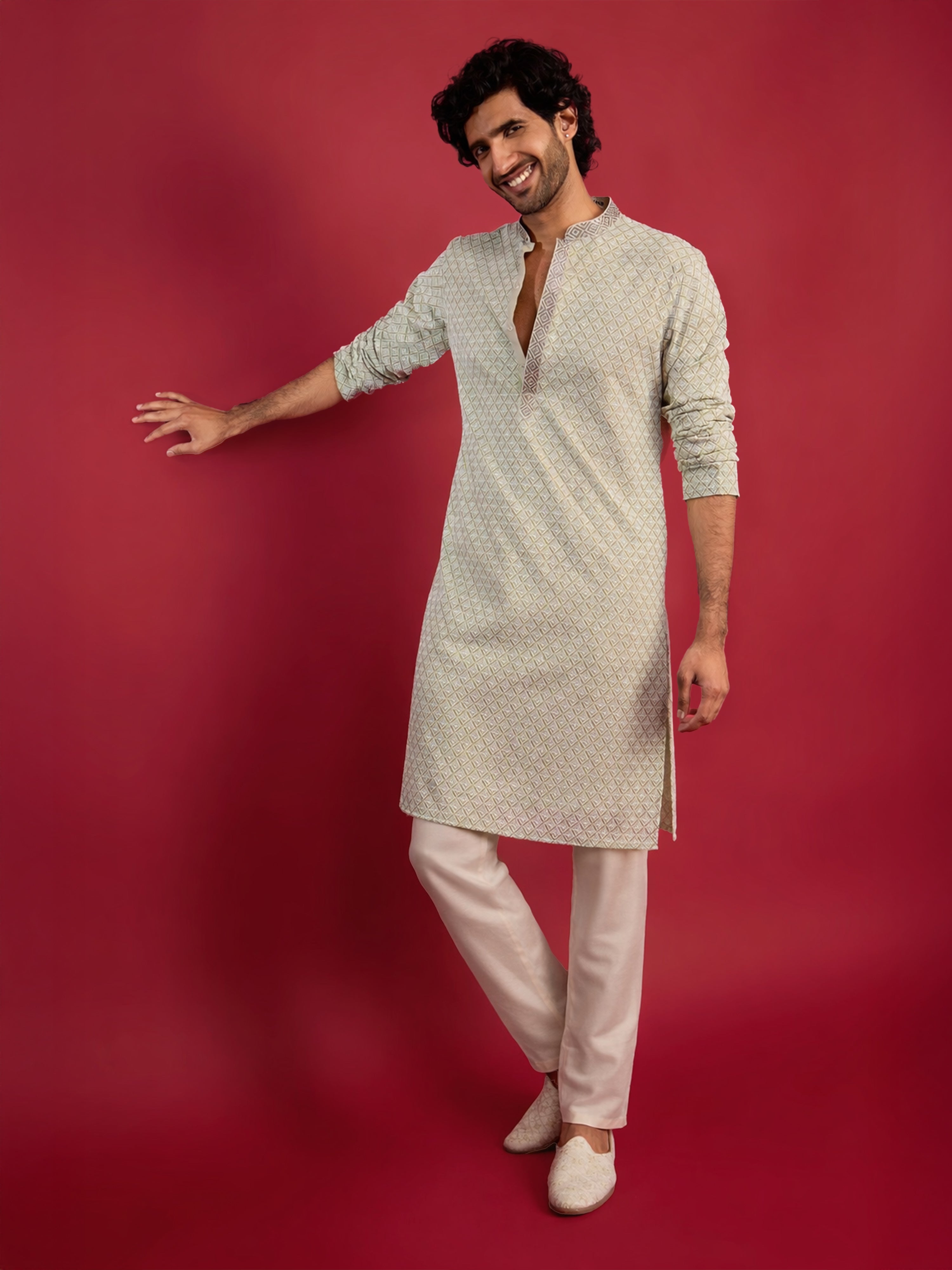 Men's Mint Green Thread Embroidered Faux Georgette Long Kurta