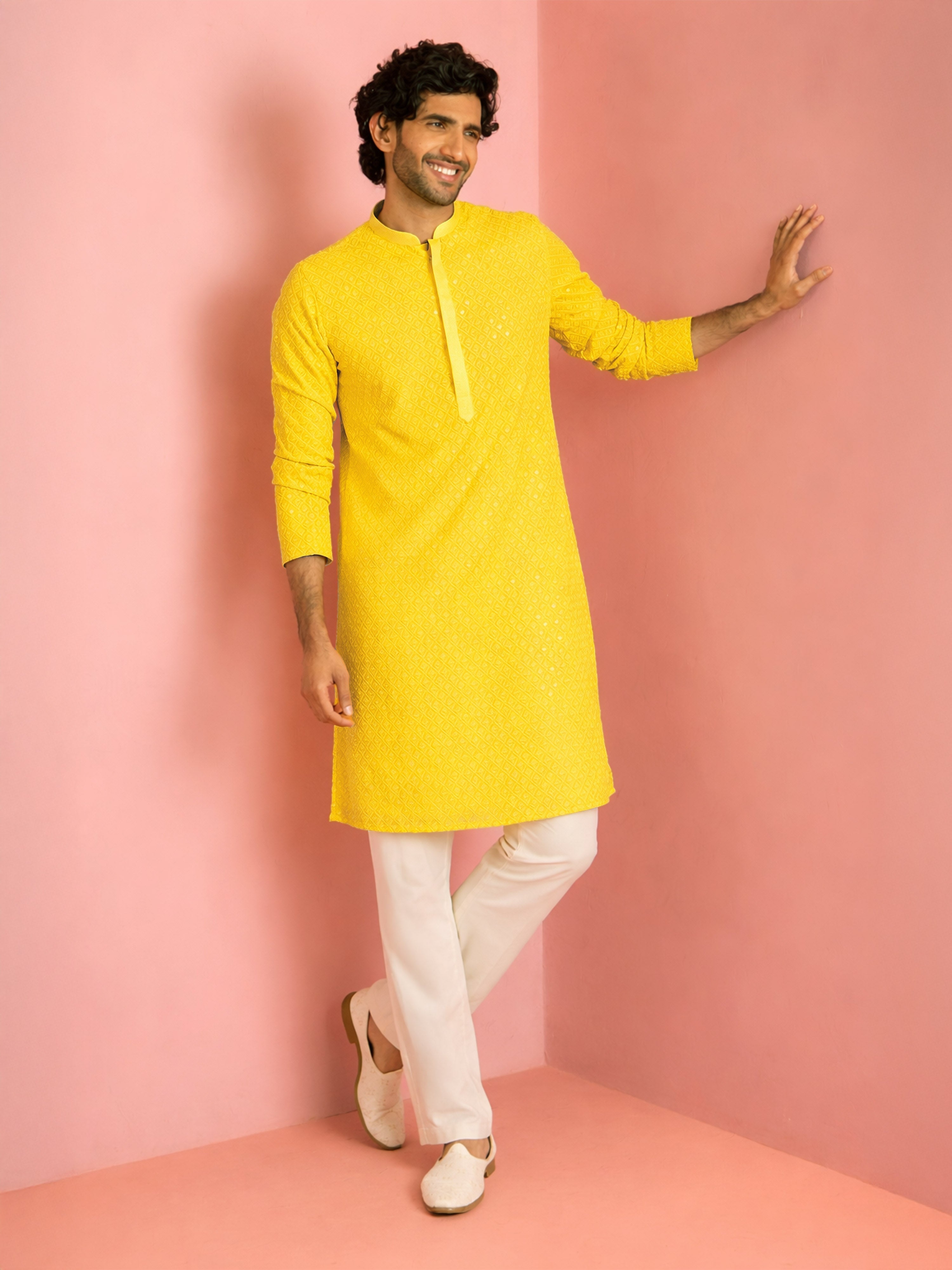 Men's Yellow Georgette Chikankari Embroidered Kurta with Cream Pyjama Set