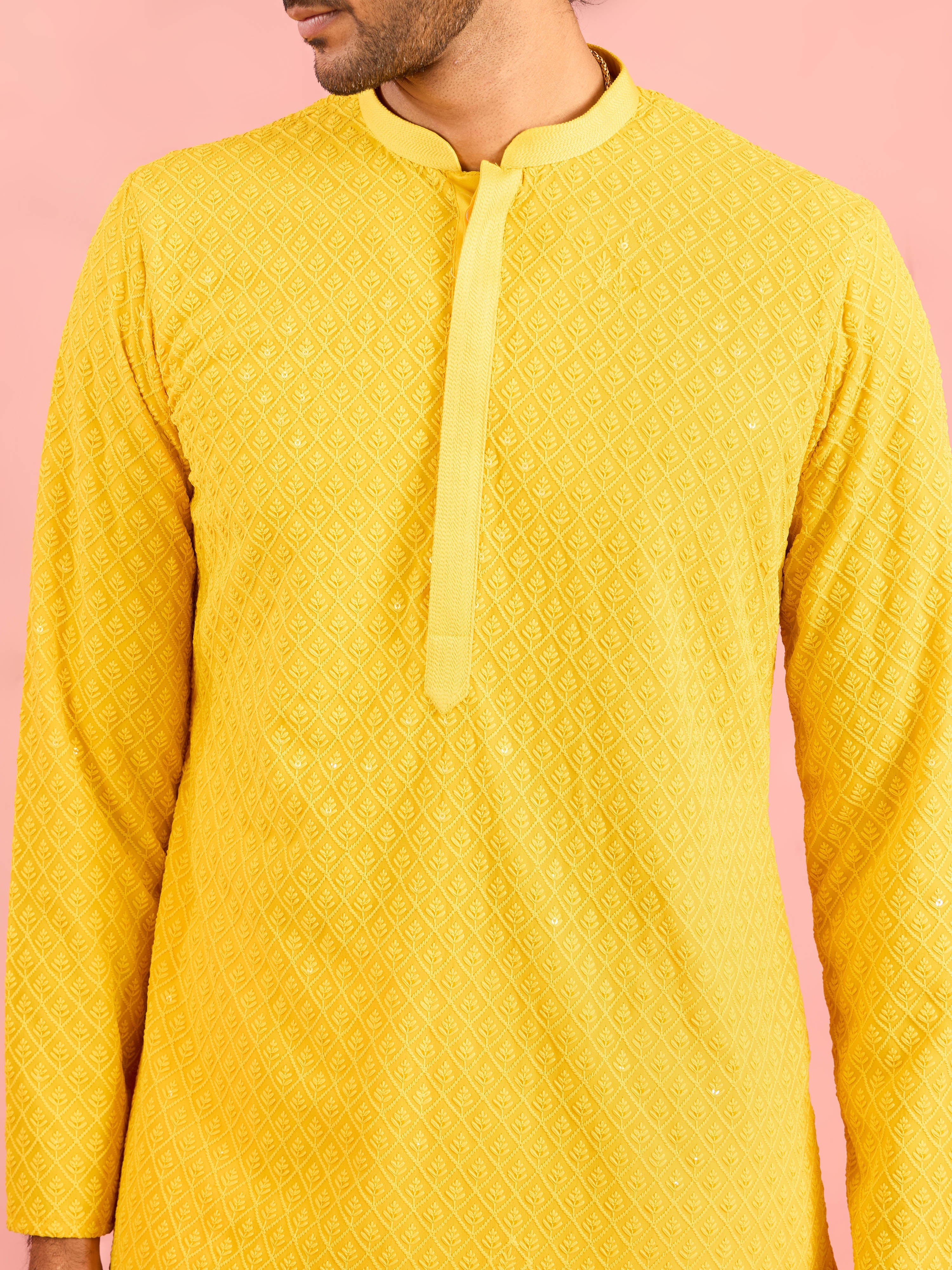Men's Yellow Georgette Chikankari Embroidered Kurta with Cream Pyjama Set