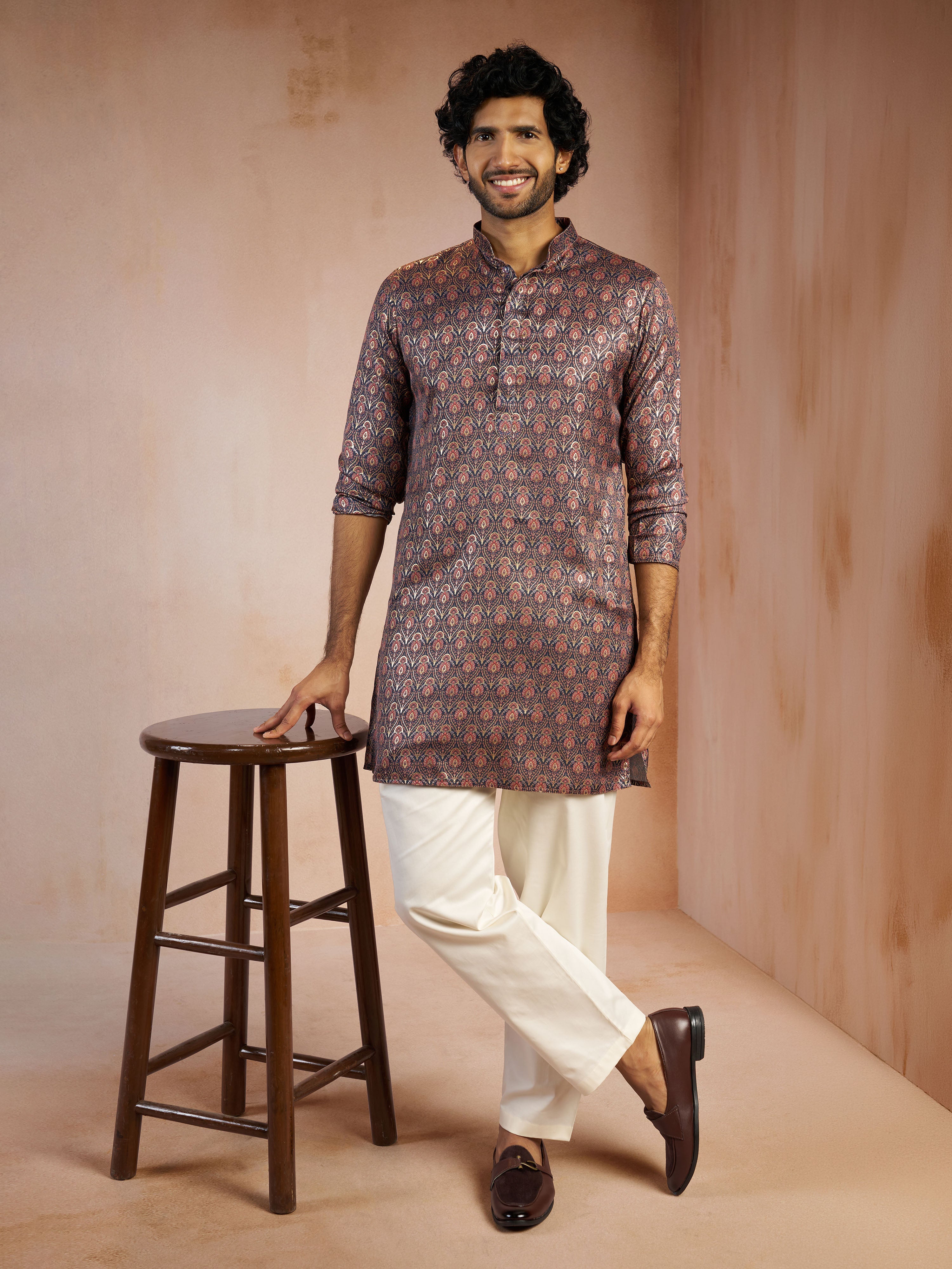 Men's Navy Blue Foil Print Silk Blend Straight Kurta with Cream Fine Satin Pyjama Set