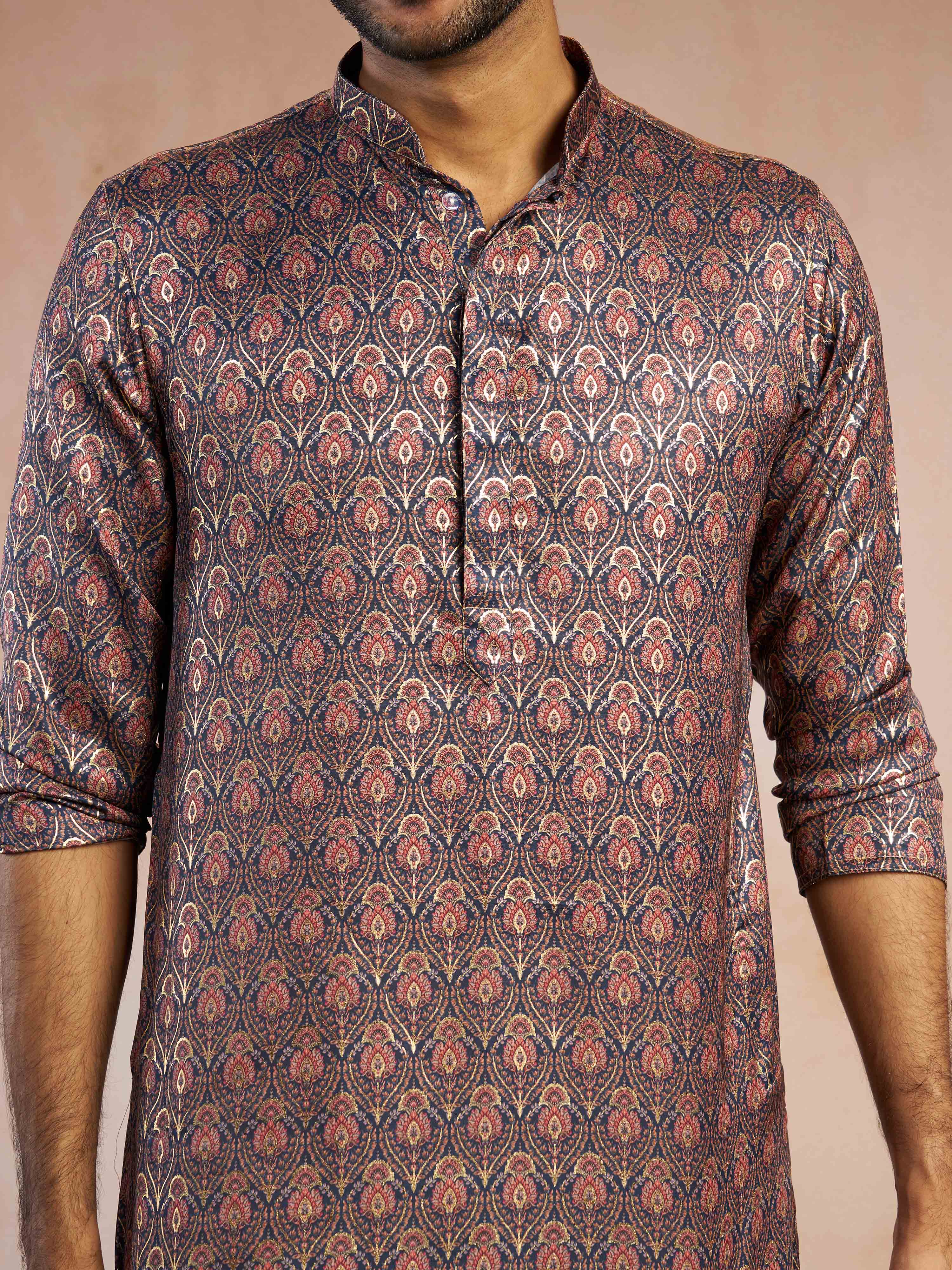 Men's Navy Blue Foil Print Silk Blend Straight Kurta with Cream Fine Satin Pyjama Set