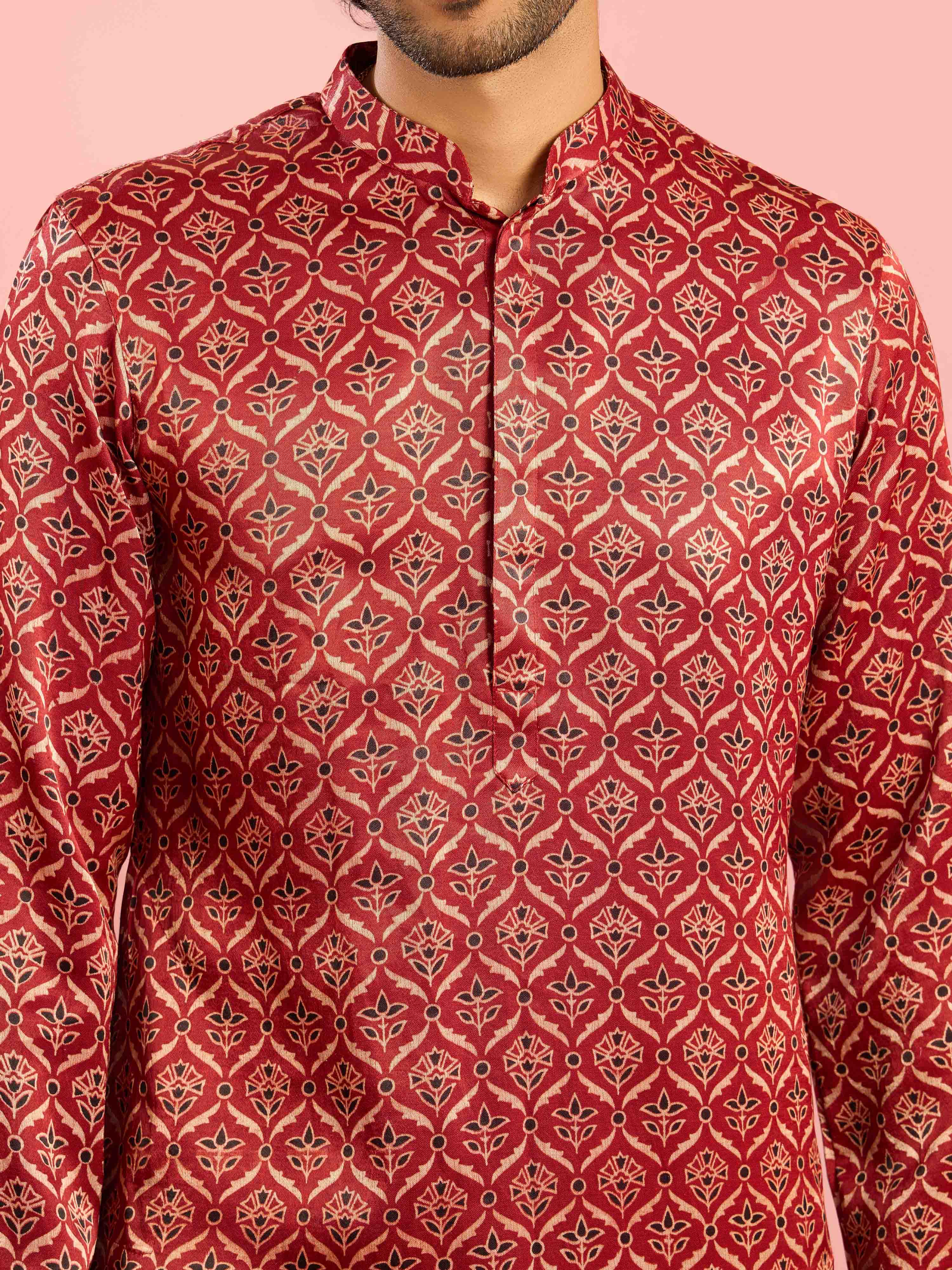 Men's Maroon Ajrak Print Silk Kurta & Cream Pyjama Set