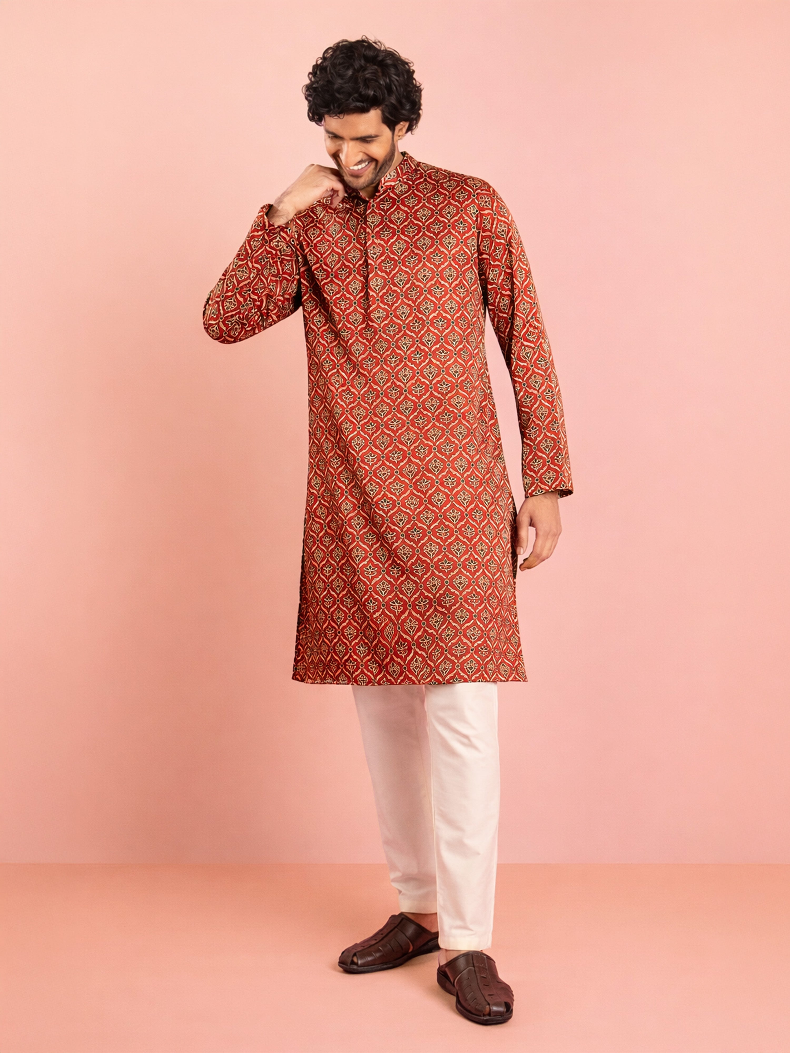 Men's Maroon Ajrak Print Silk Kurta & Cream Pyjama Set