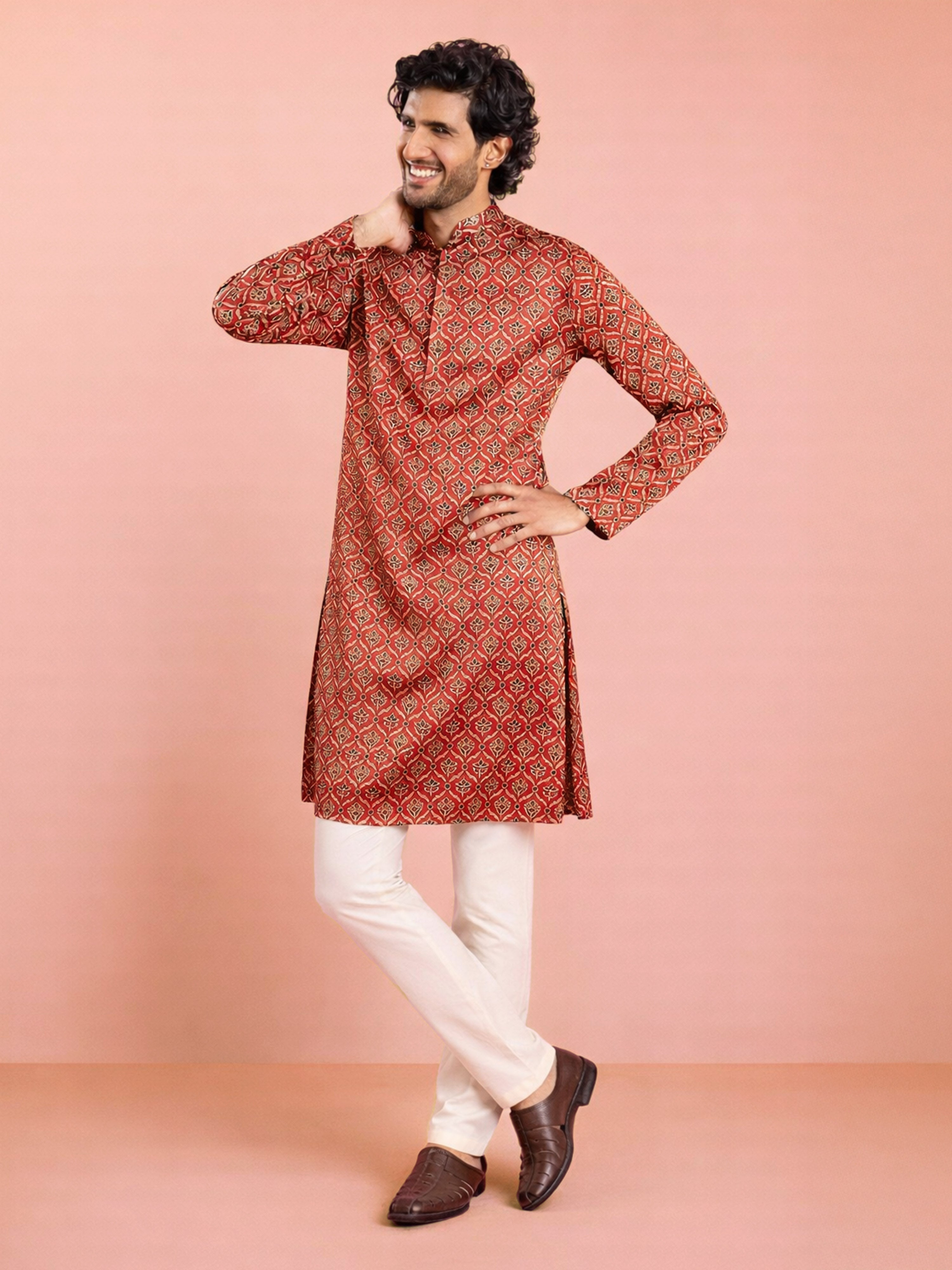Men's Maroon Ajrak Print Silk Kurta & Cream Pyjama Set