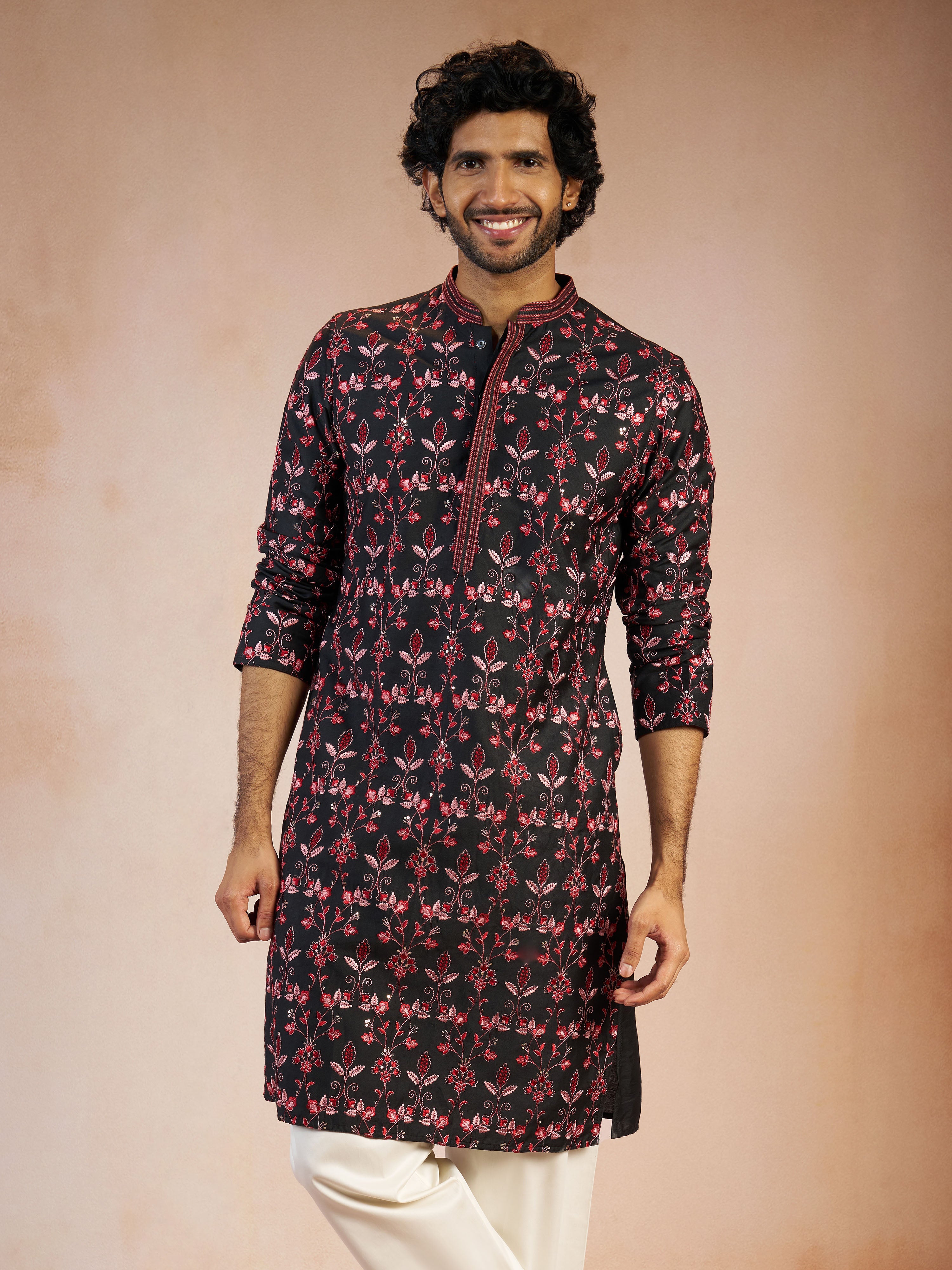 Men's Black All-Over Floral Thread Embroidered Viscose Silk Straight Kurta