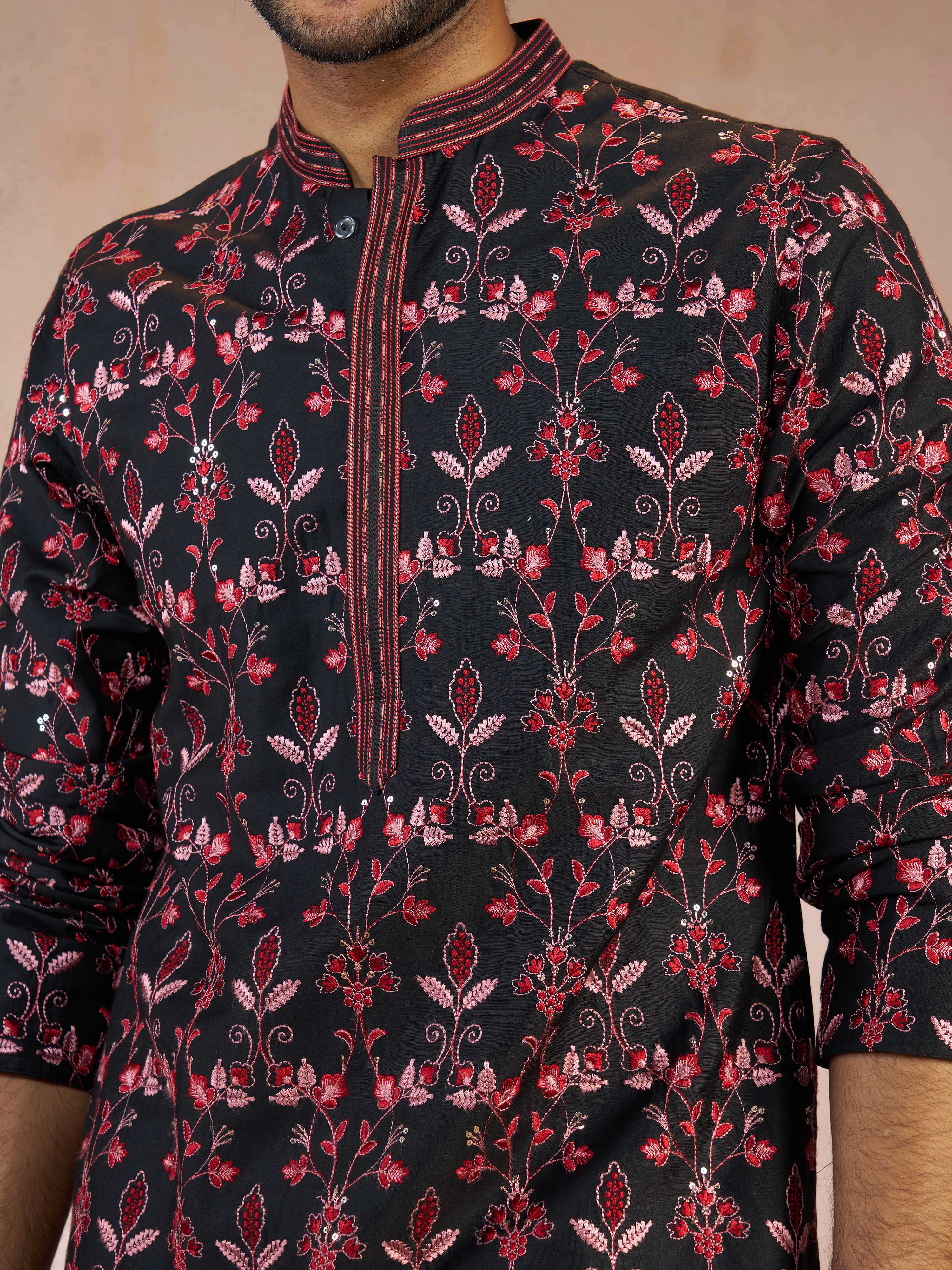 Men's Black All-Over Floral Thread Embroidered Viscose Silk Straight Kurta
