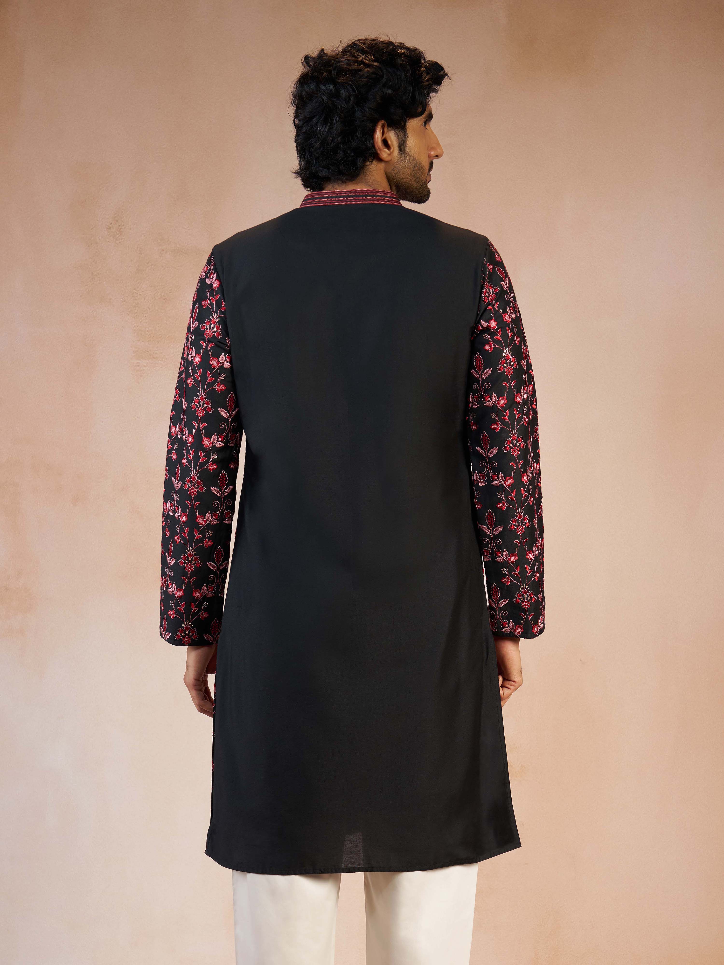Men's Black All-Over Floral Thread Embroidered Viscose Silk Straight Kurta