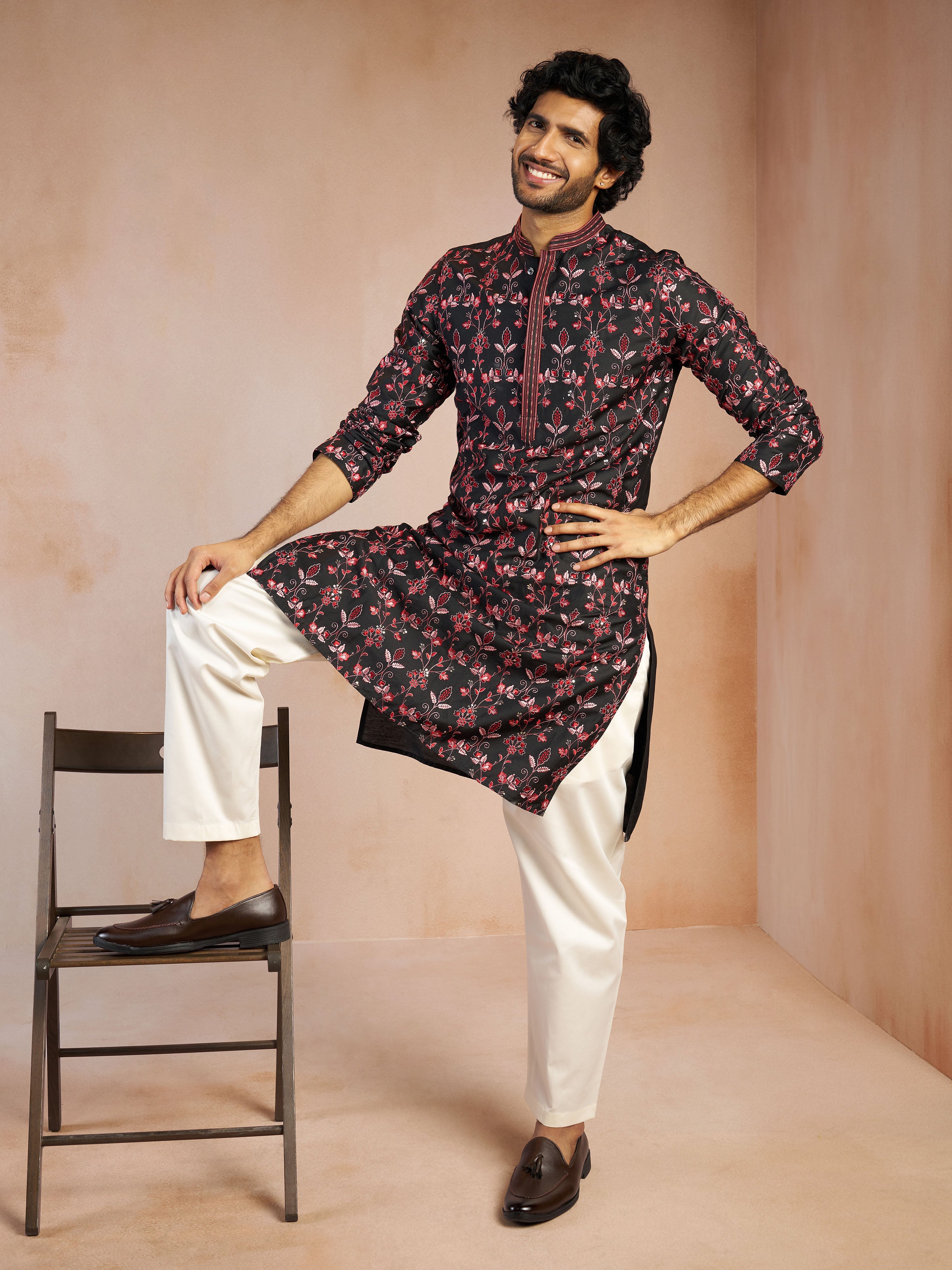 Men's Black All-Over Floral Thread Embroidered Viscose Silk Straight Kurta