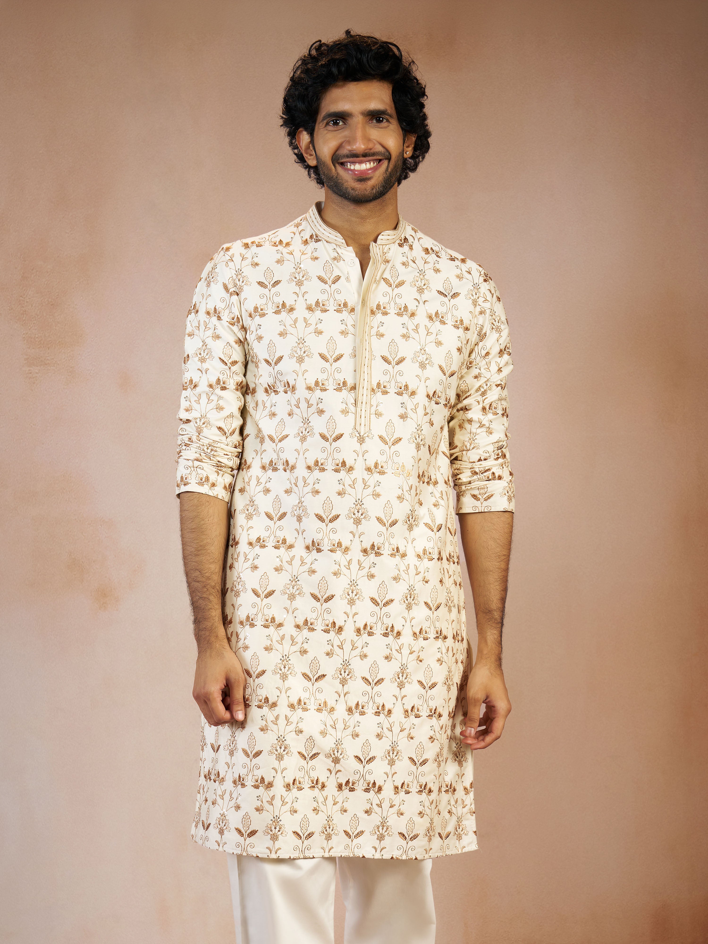 Men's Cream All-Over Floral Thread Embroidered Viscose Silk Straight Kurta
