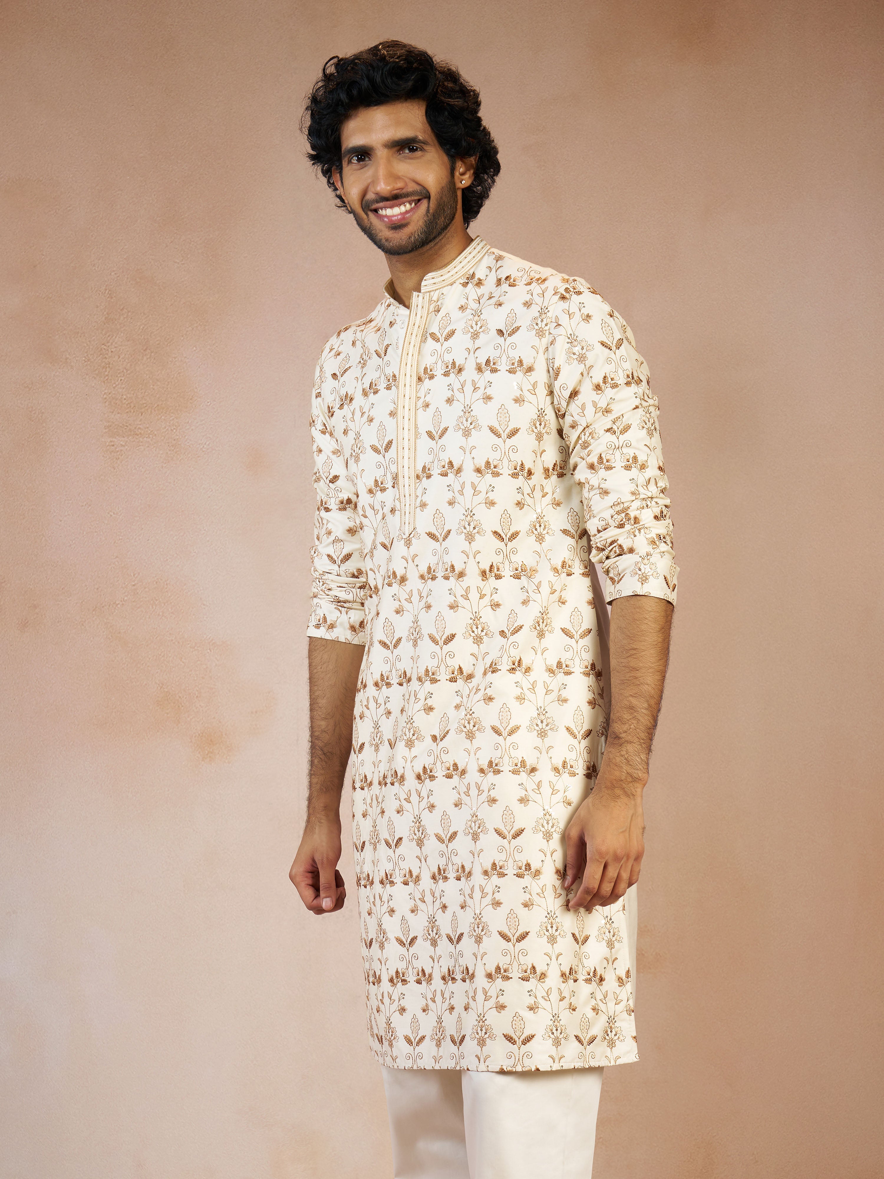 Men's Cream All-Over Floral Thread Embroidered Viscose Silk Straight Kurta