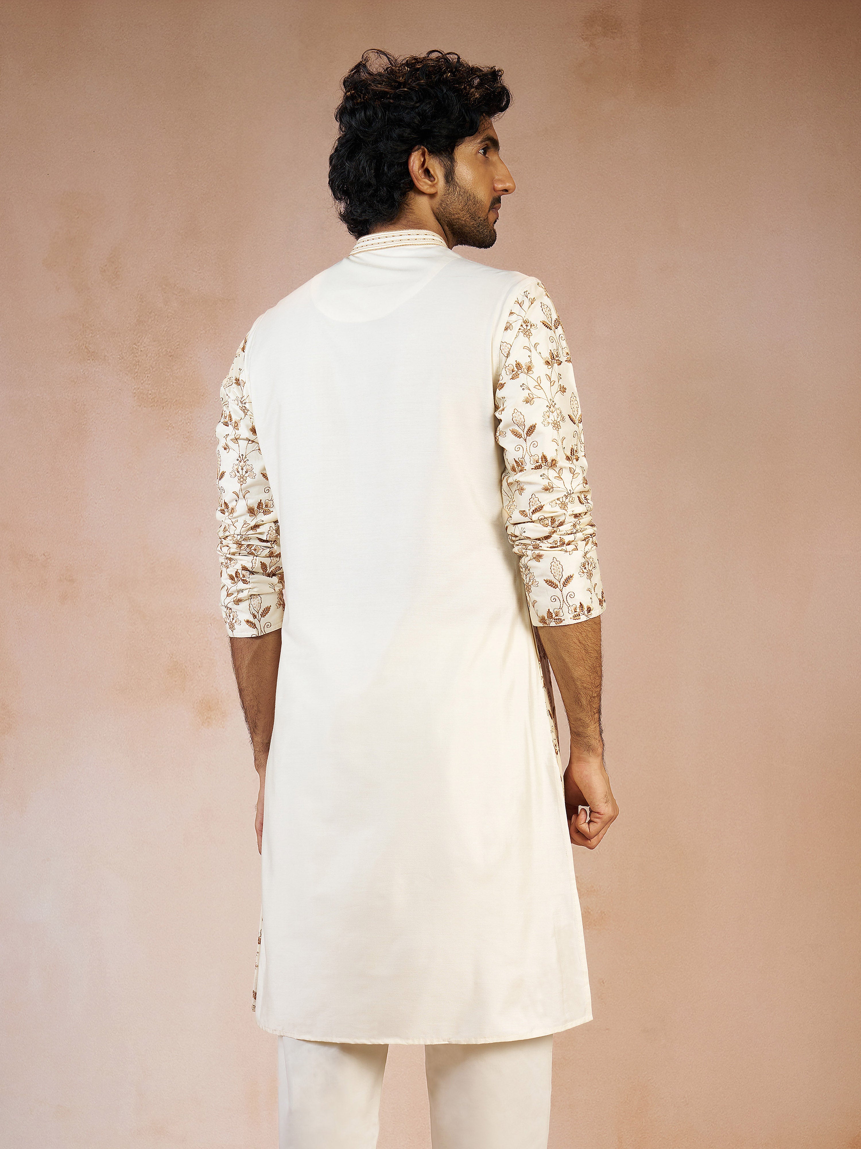 Men's Cream All-Over Floral Thread Embroidered Viscose Silk Straight Kurta