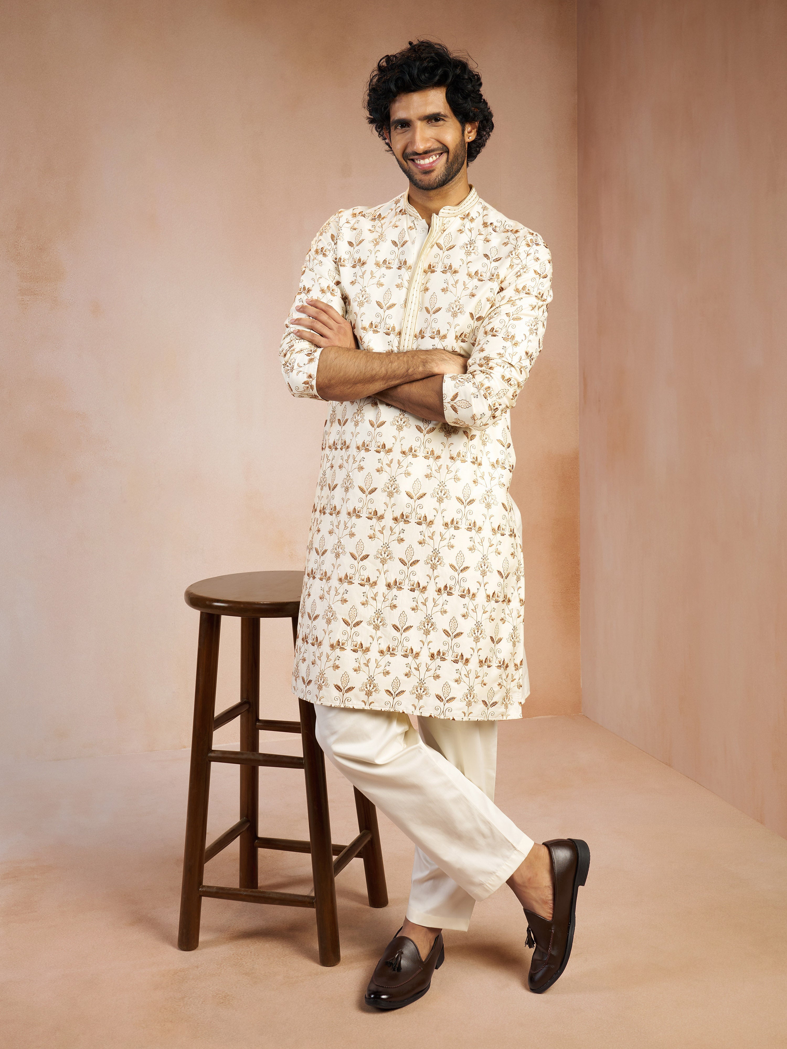 Men's Falsa All-Over Floral Thread Embroidered Viscose Silk Kurta with Cream Fine Satin Pyjama Set