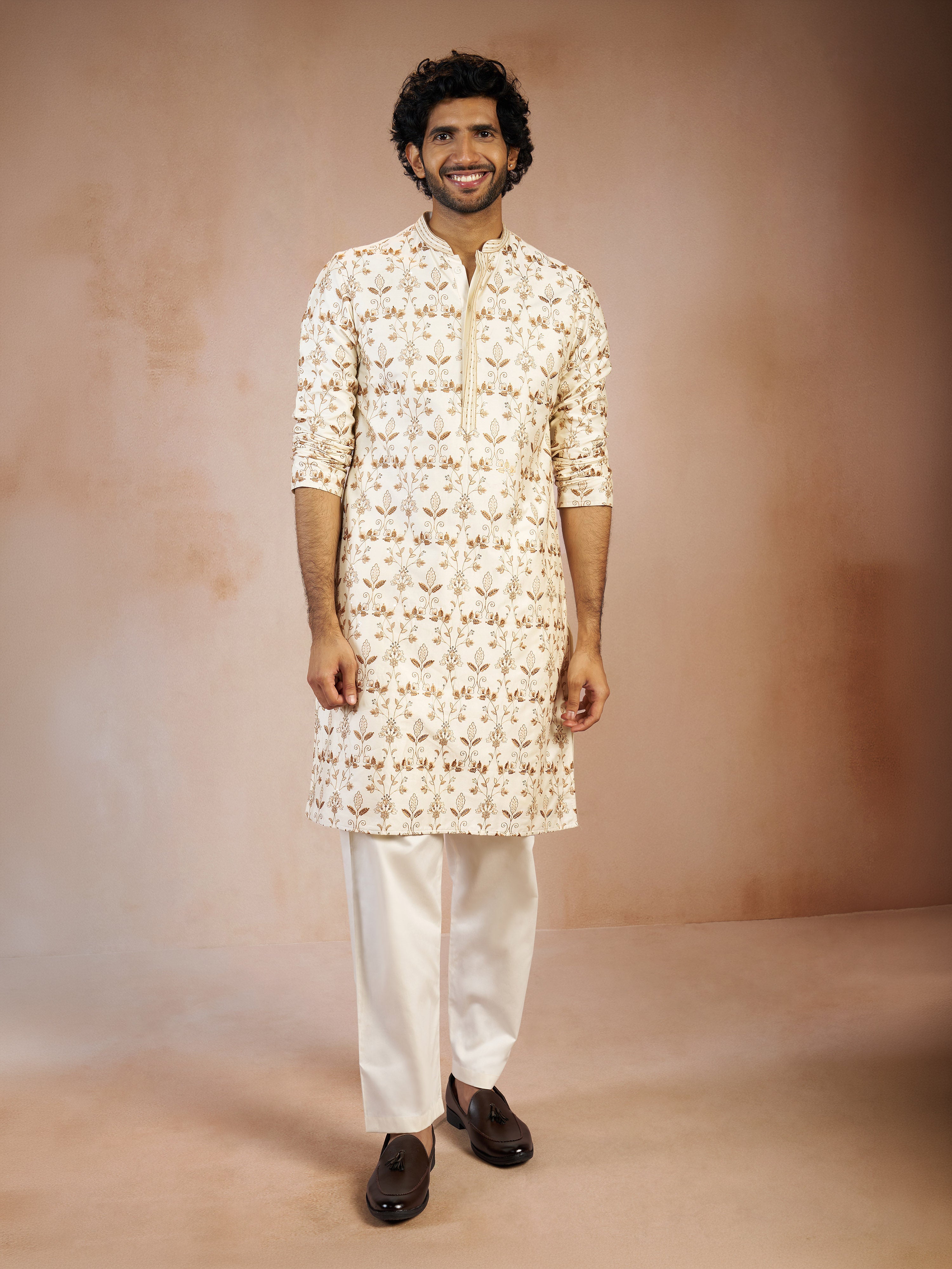 Men's Falsa All-Over Floral Thread Embroidered Viscose Silk Kurta with Cream Fine Satin Pyjama Set