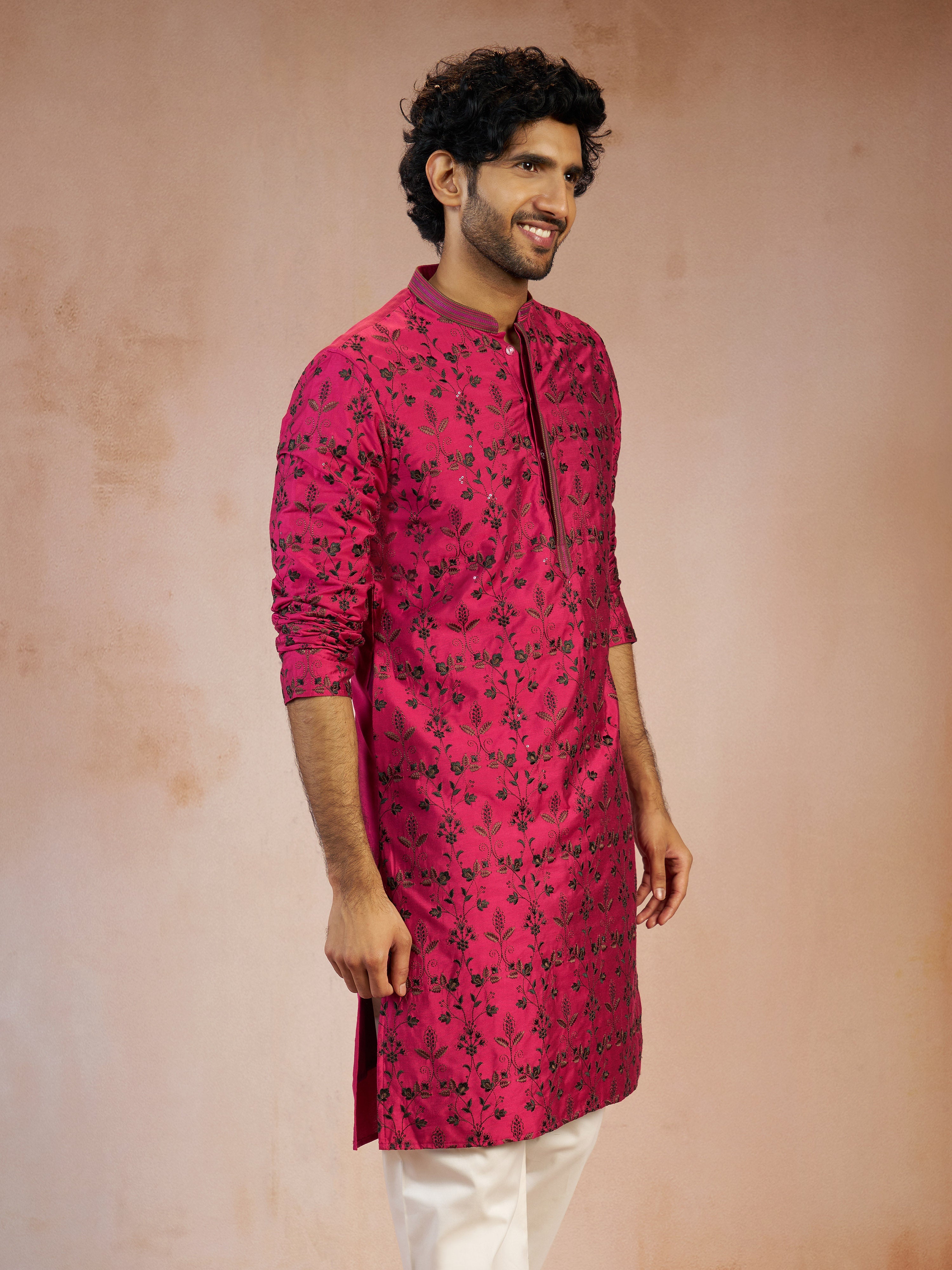 Men's Falsa All-Over Floral Thread Embroidered Viscose Silk Straight Kurta