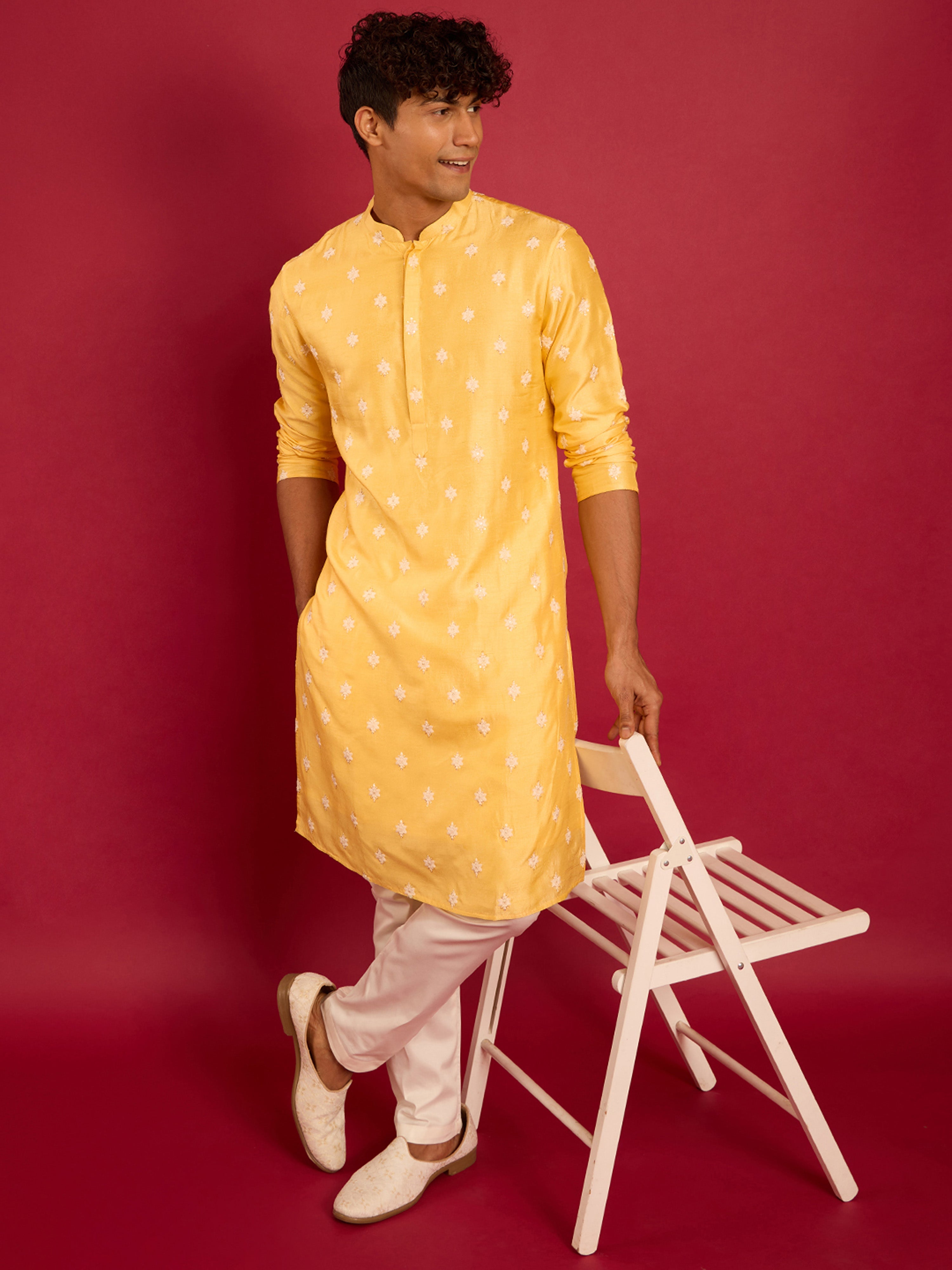 Men's Yellow Silk Thread Embroidered Kurta with Cream Fine Satin Pyjama Set