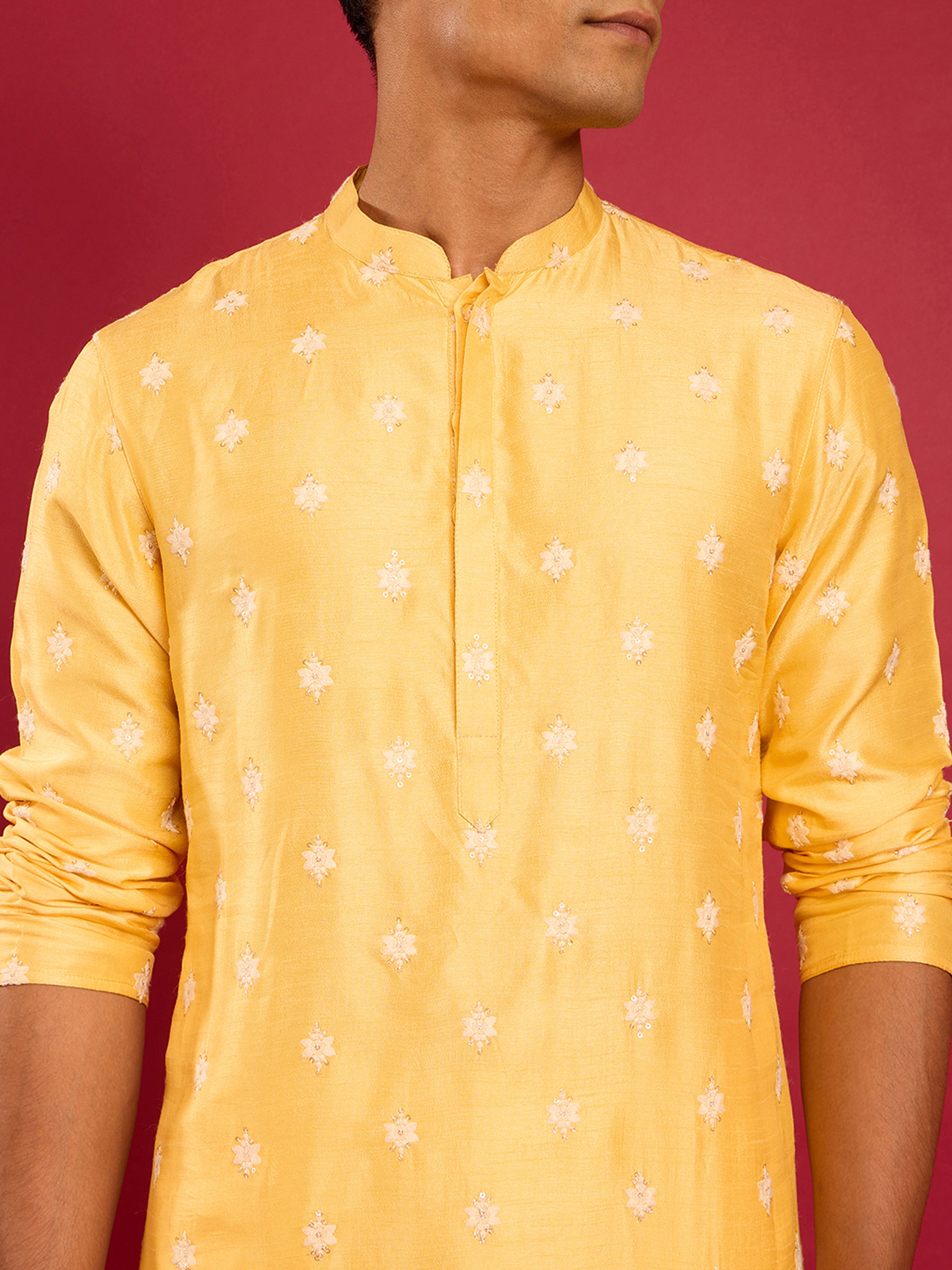 Men's Yellow Silk Thread Embroidered Kurta with Cream Fine Satin Pyjama Set