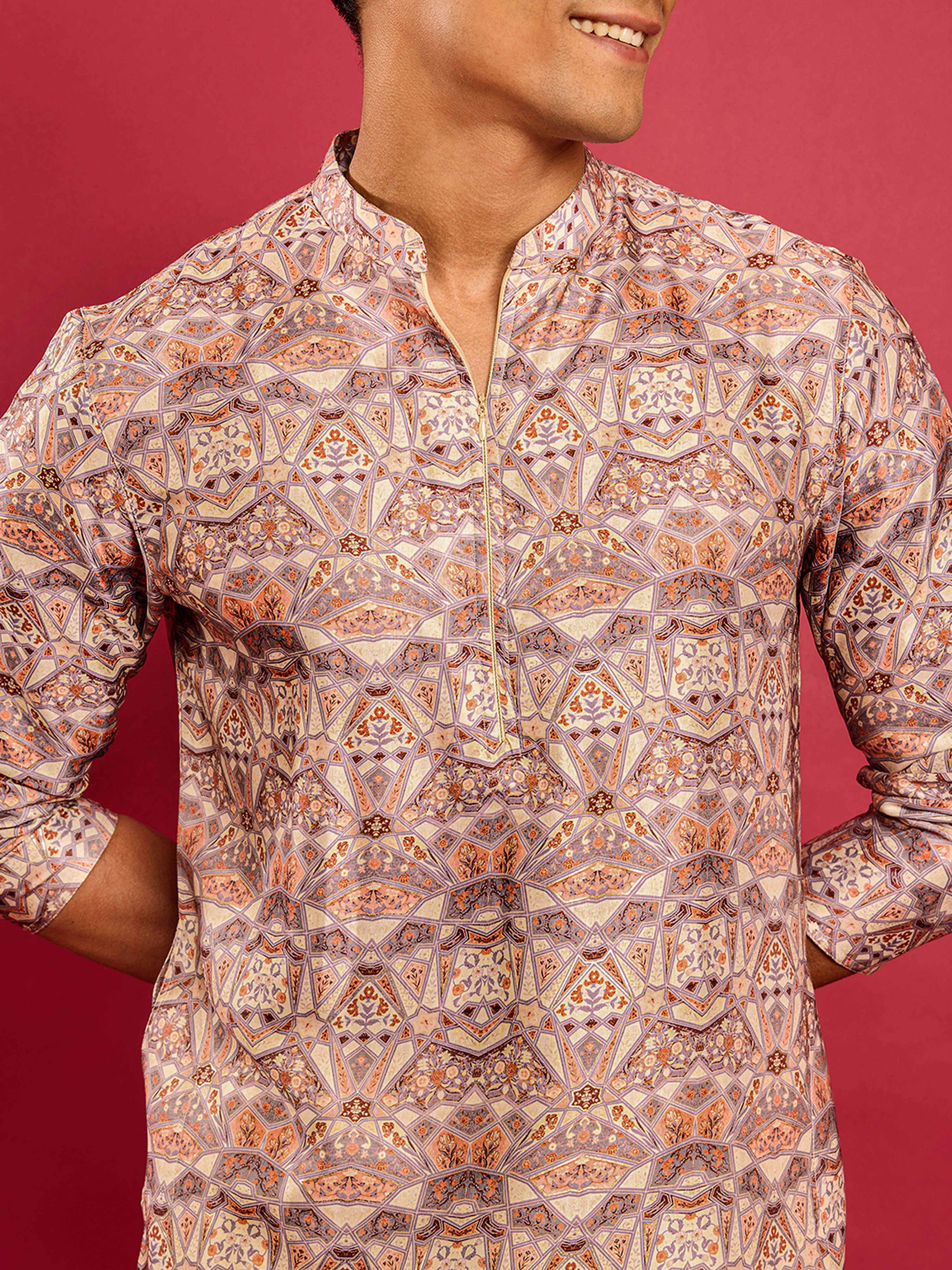 Men's Multi Colour Silk Blend Digital & Foil Print Long Kurta