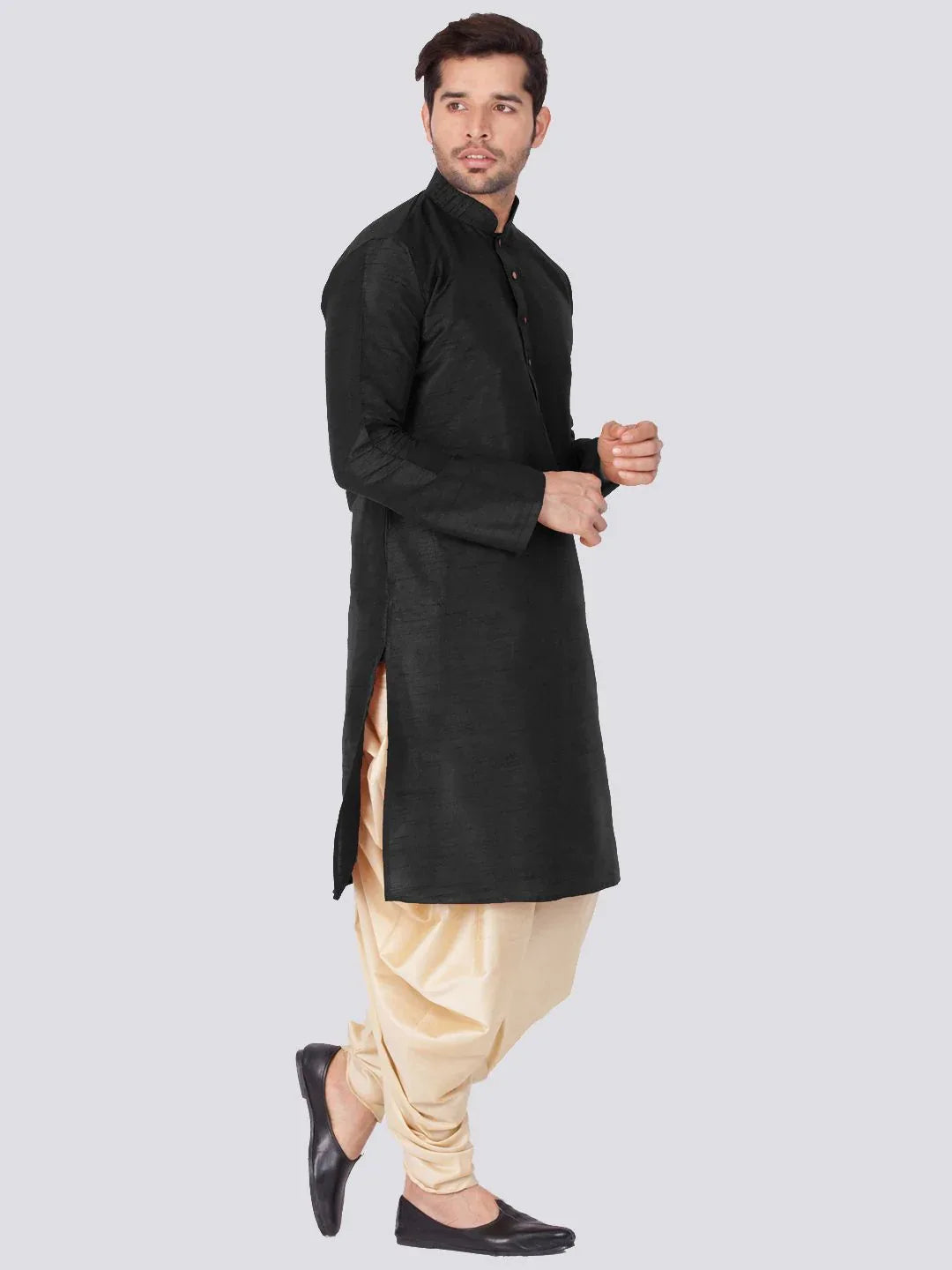 VASTRAMAY Men's Black Cotton Silk Blend Kurta and Dhoti Pant Set