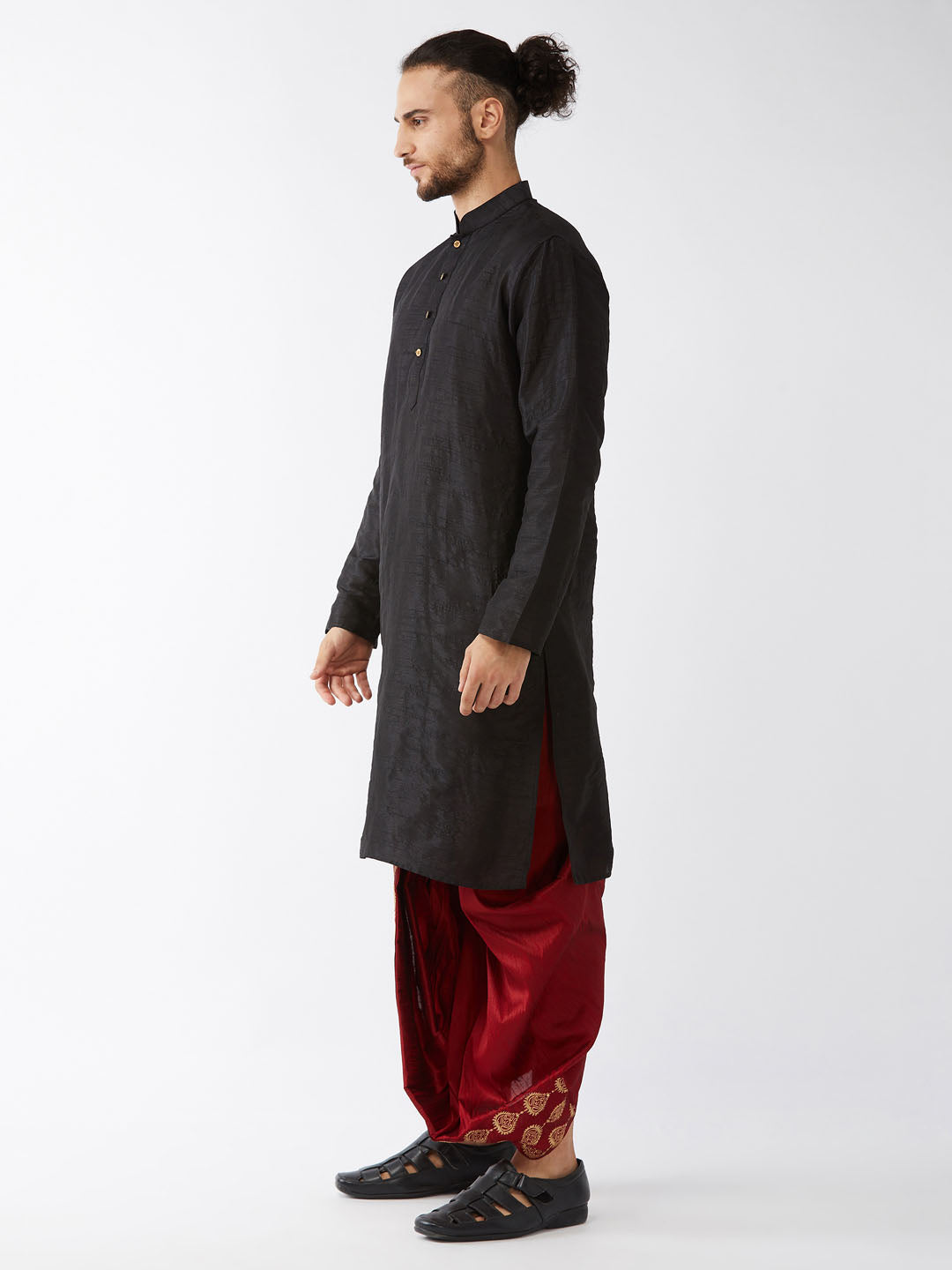 Men's Black And Maroon Silk Blend Kurta And Dhoti Set