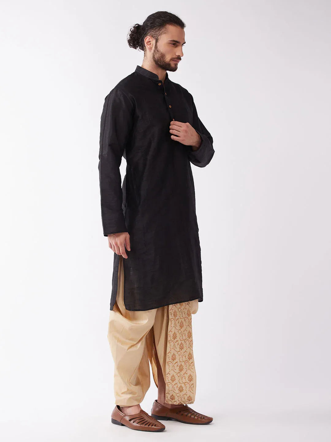 Men's Black And Gold Silk Blend Kurta And Dhoti Set