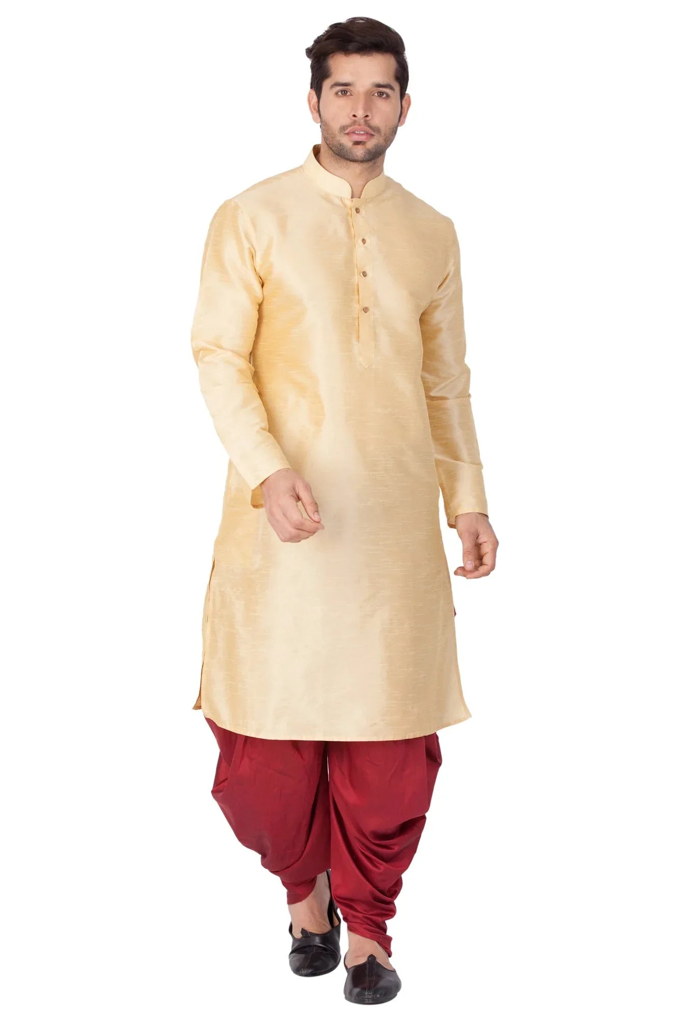 VASTRAMAY Men's Gold Cotton Silk Blend Kurta and Dhoti Pant Set