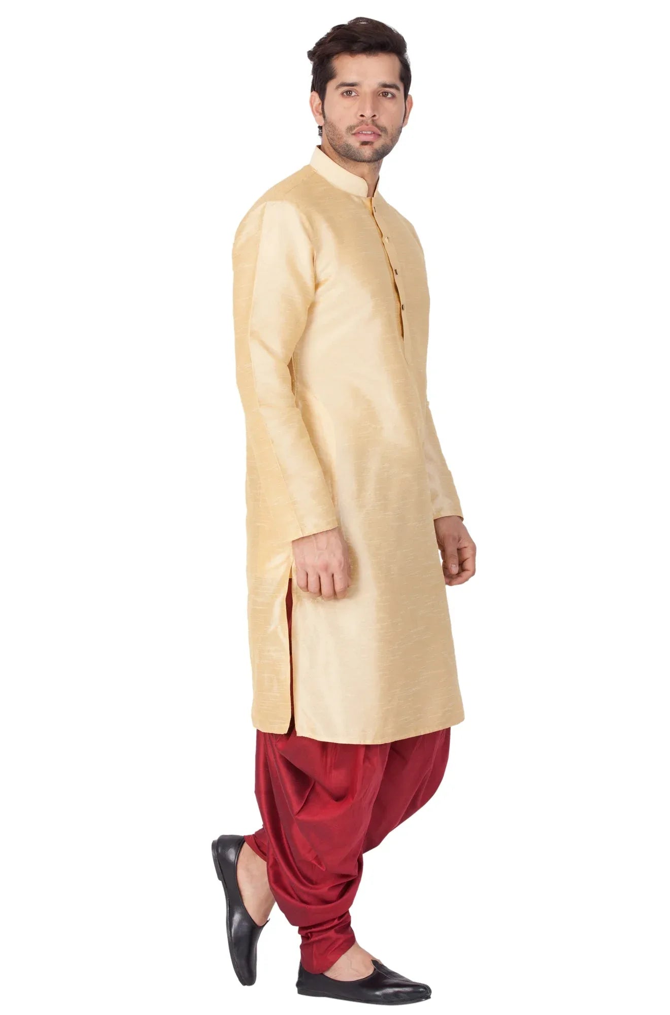 VASTRAMAY Men's Gold Cotton Silk Blend Kurta and Dhoti Pant Set