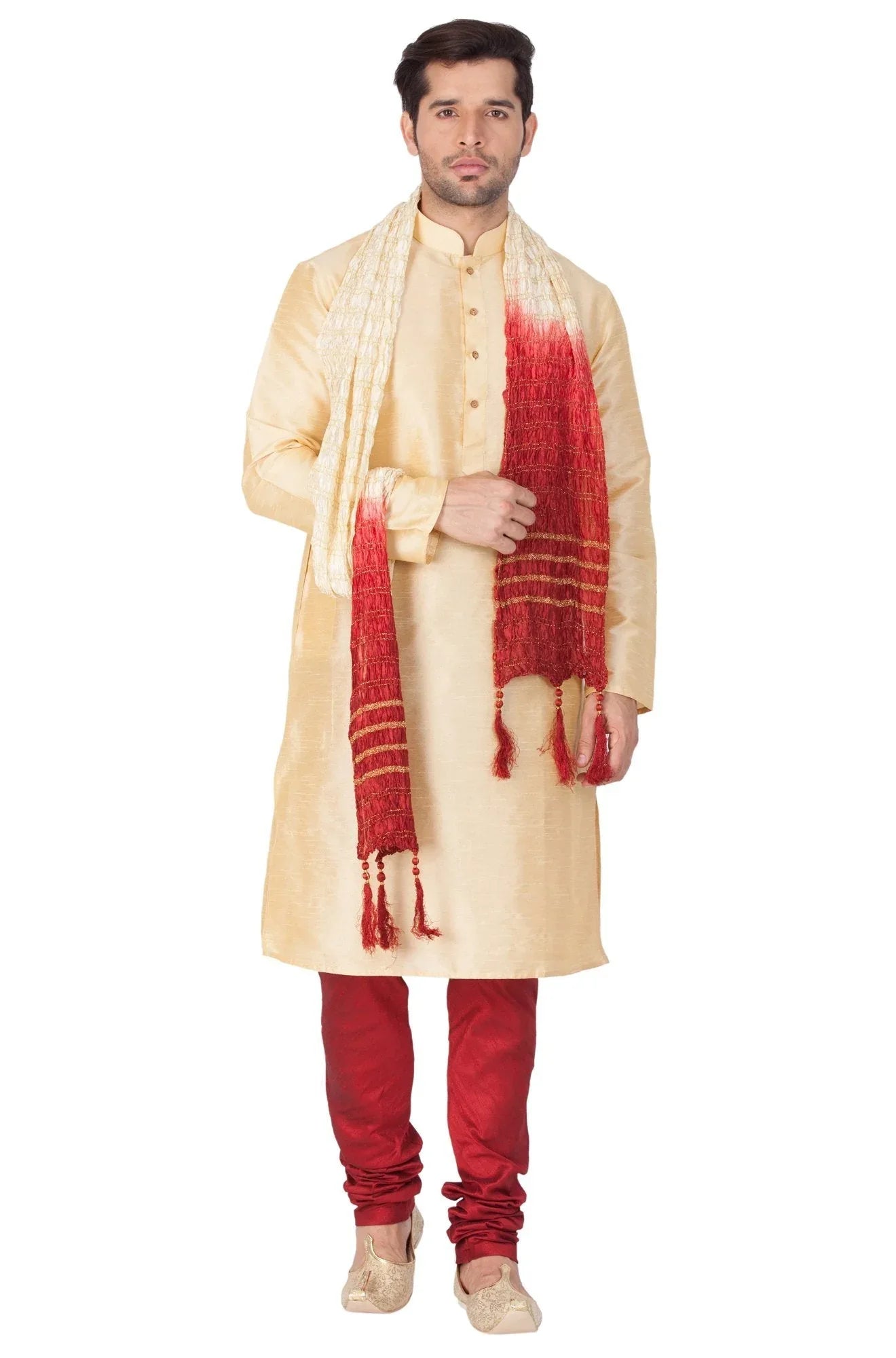 VASTRAMAY Men's Gold Cotton Silk Blend Kurta, Pyjama & Dupatta Set