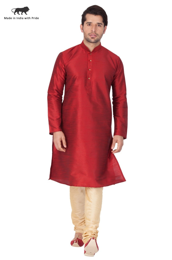 VM BY Men's Maroon Cotton Silk Blend Kurta and Pyjama Set