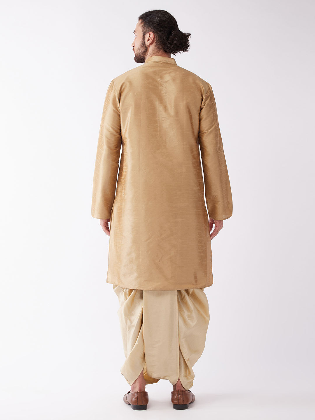 Men's Rose Gold And Gold Silk Blend Kurta And Dhoti Set