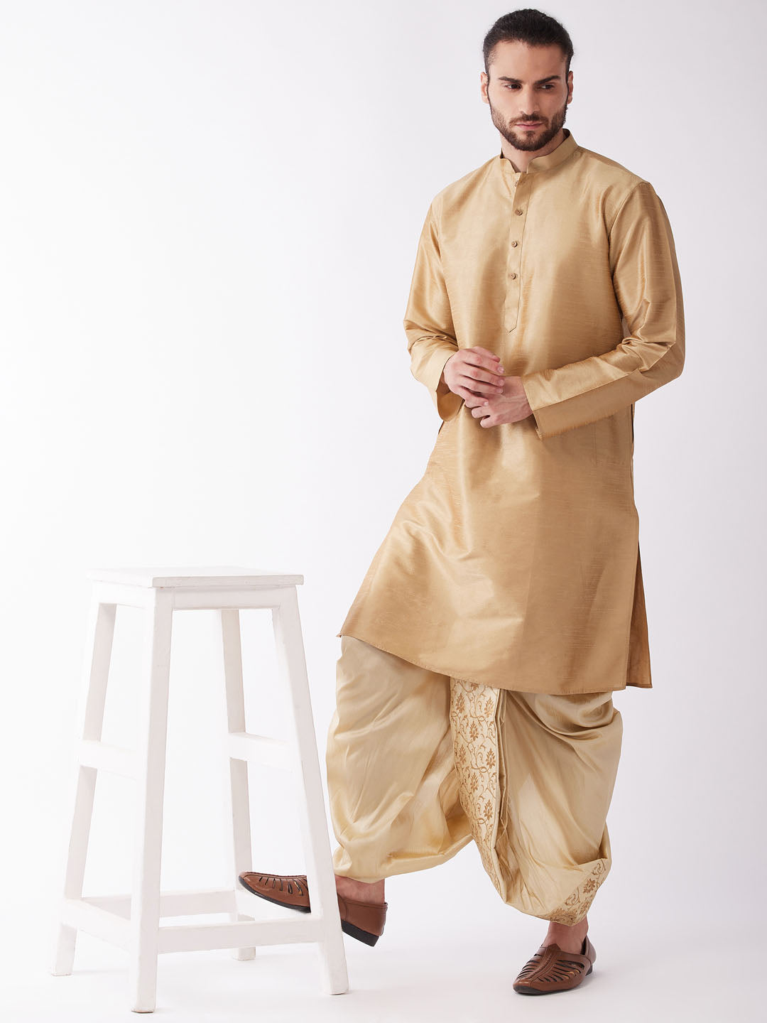 Men's Rose Gold And Gold Silk Blend Kurta And Dhoti Set