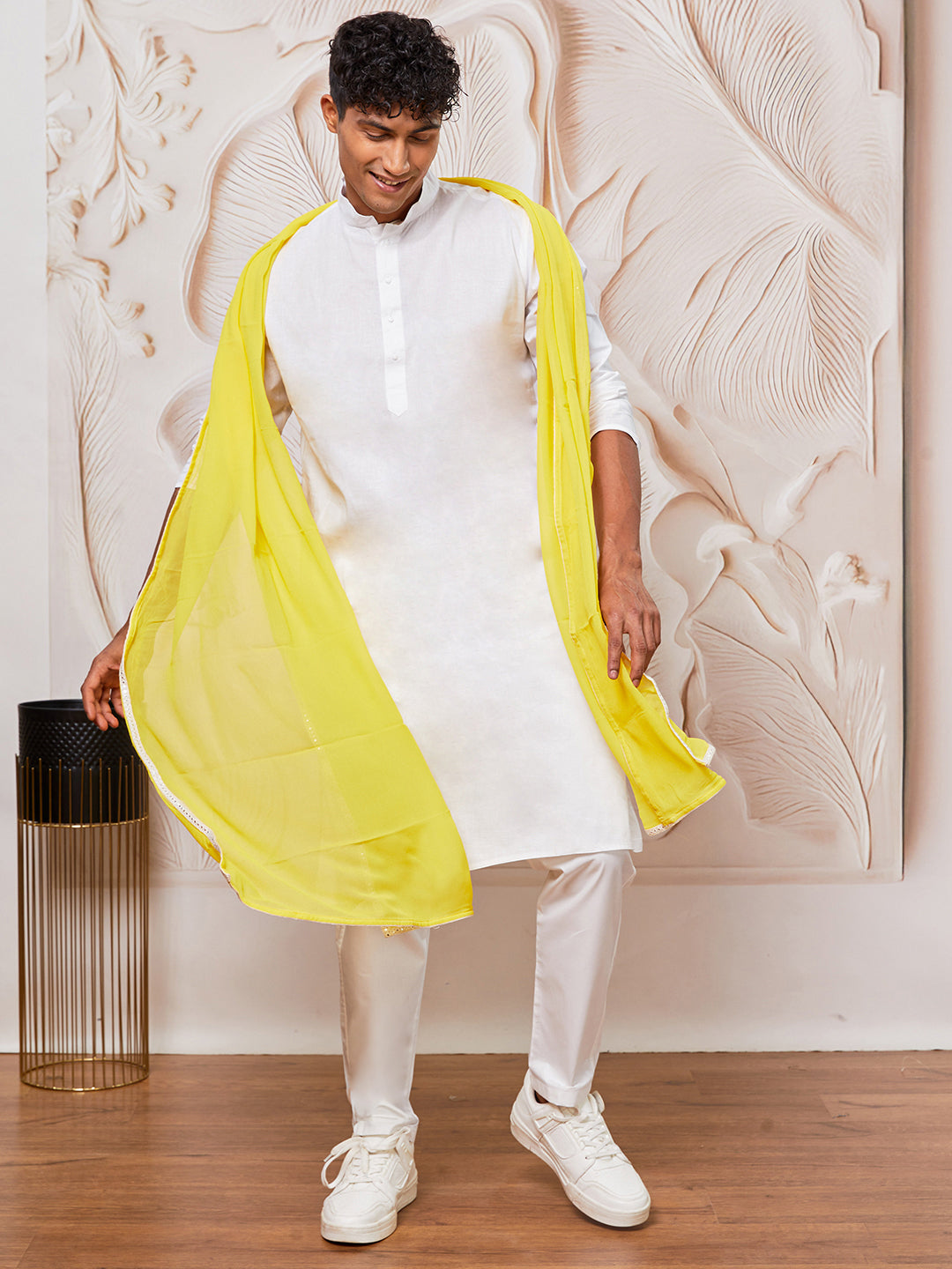 Men's White Cotton Kurta,Pyjama And Dupatta Set