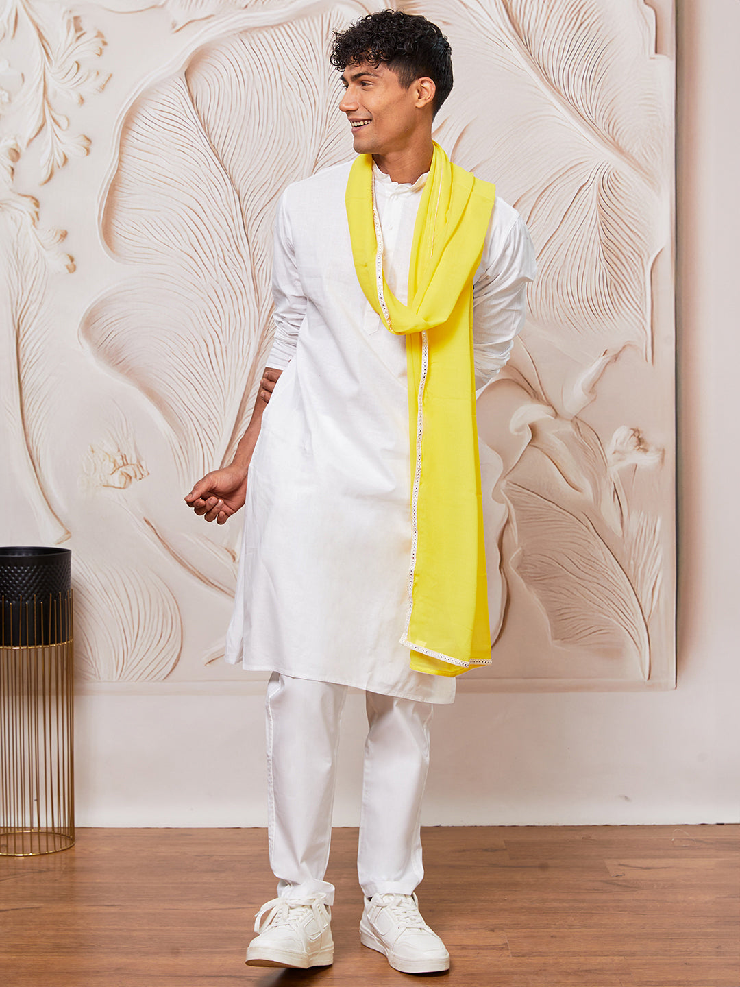 Men's White Cotton Kurta,Pyjama And Dupatta Set