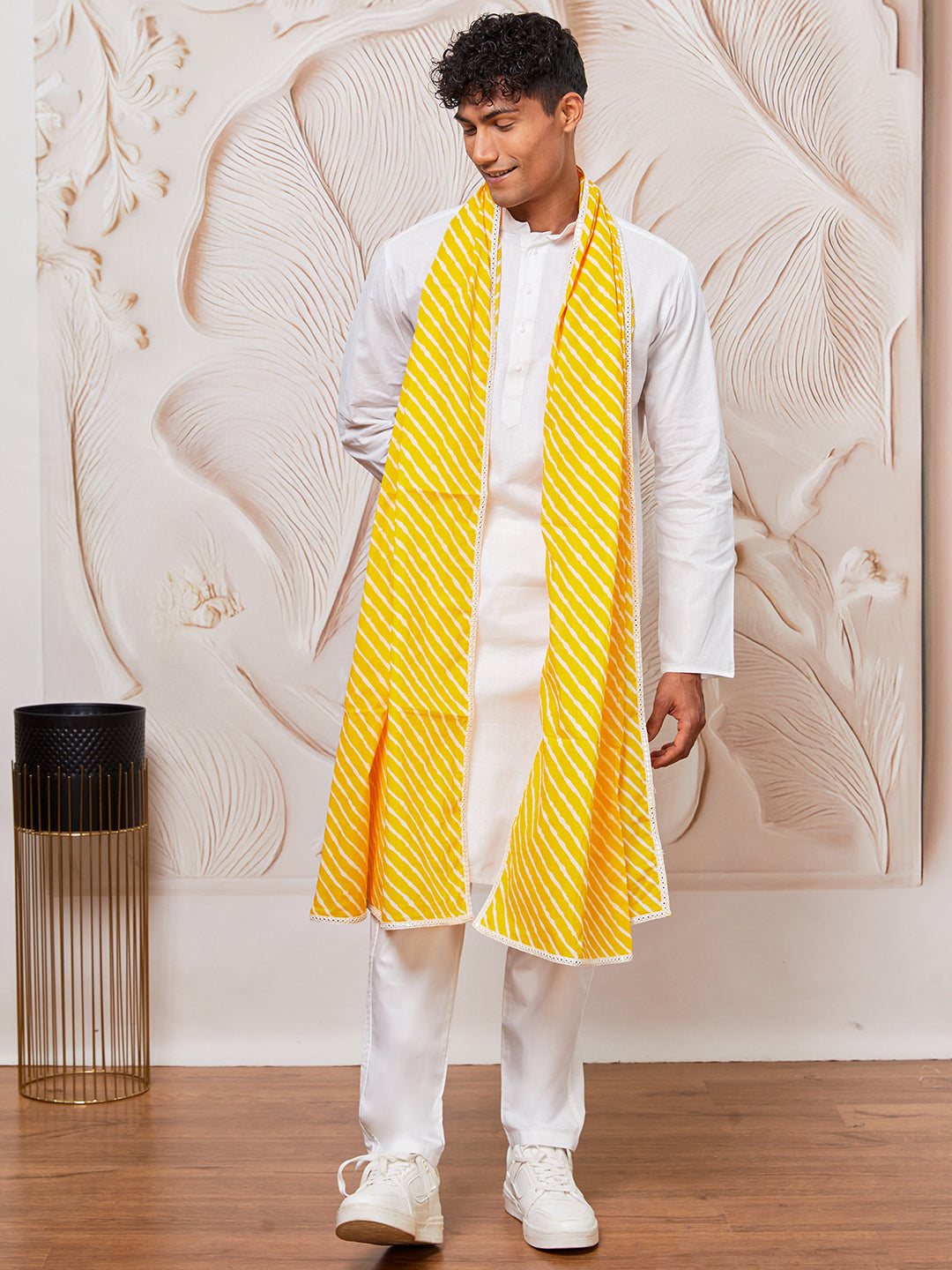 Men's White Cotton Kurta,Pyjama And Dupatta Set