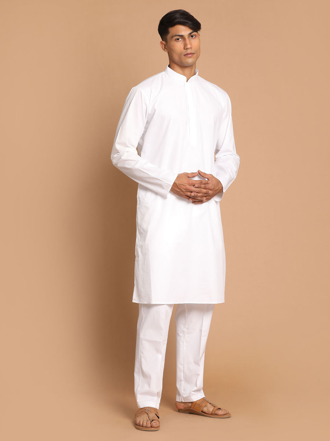 Men's White Kurta With White Solid Cotton Pant Style Pyjama Set
