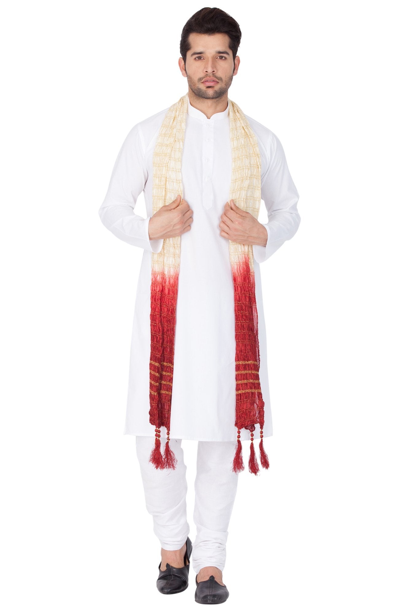 VASTRAMAY Men's White Cotton Kurta, Pyjama & Dupatta Set