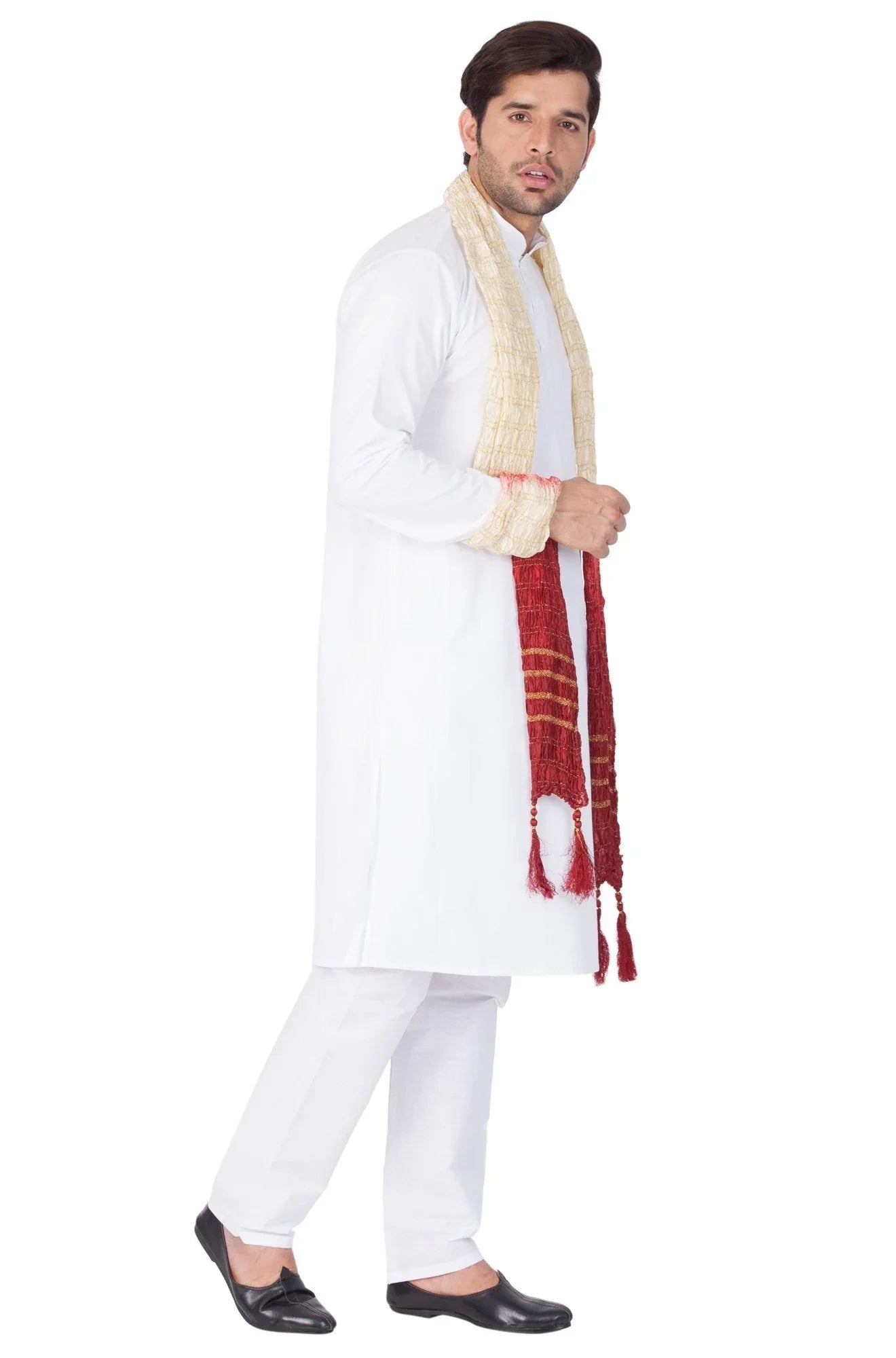 VASTRAMAY Men's White Cotton Kurta, Pyjama & Dupatta Set