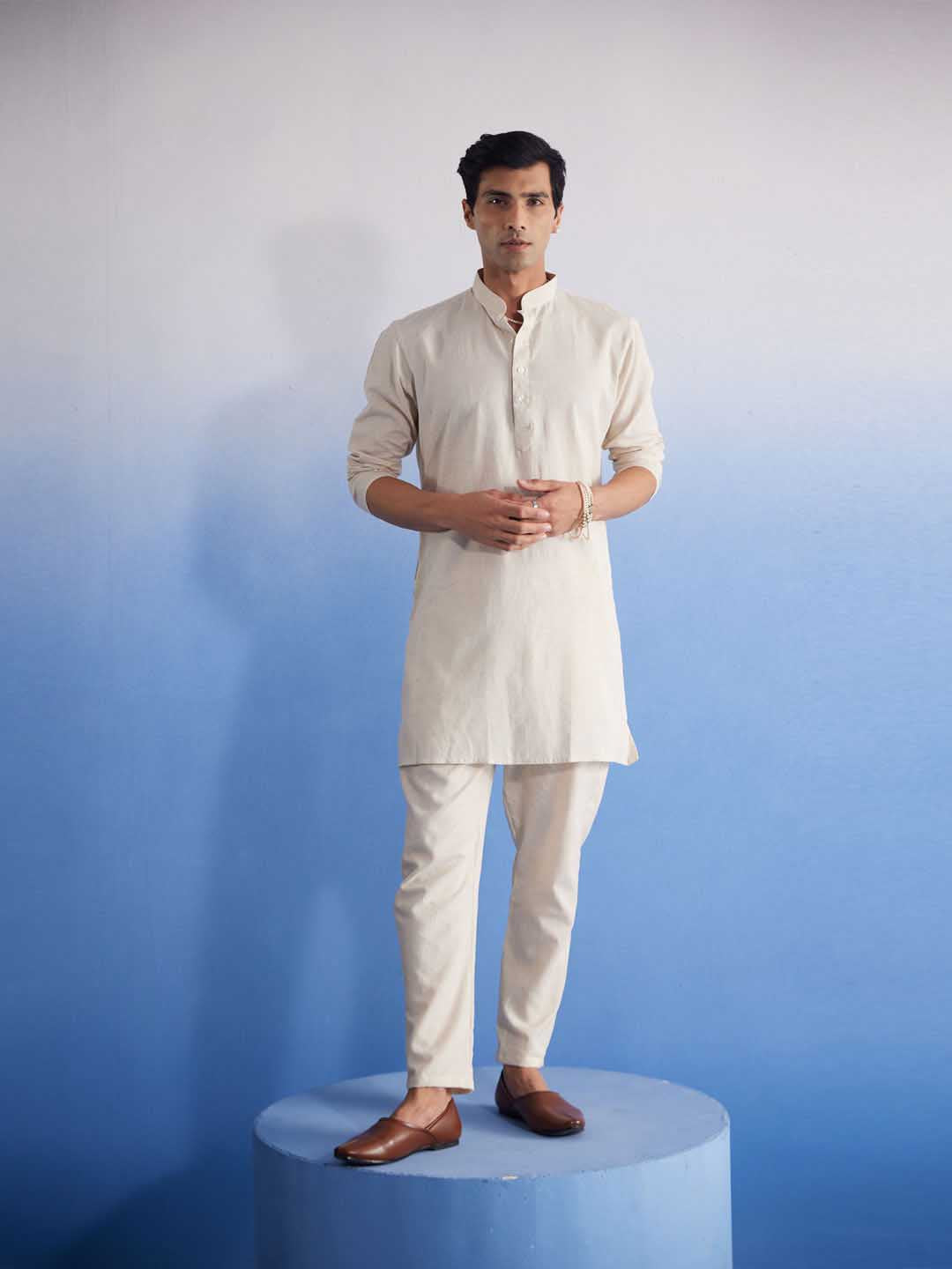 Men's Cream Cotton Kurta With Cream Pant Set