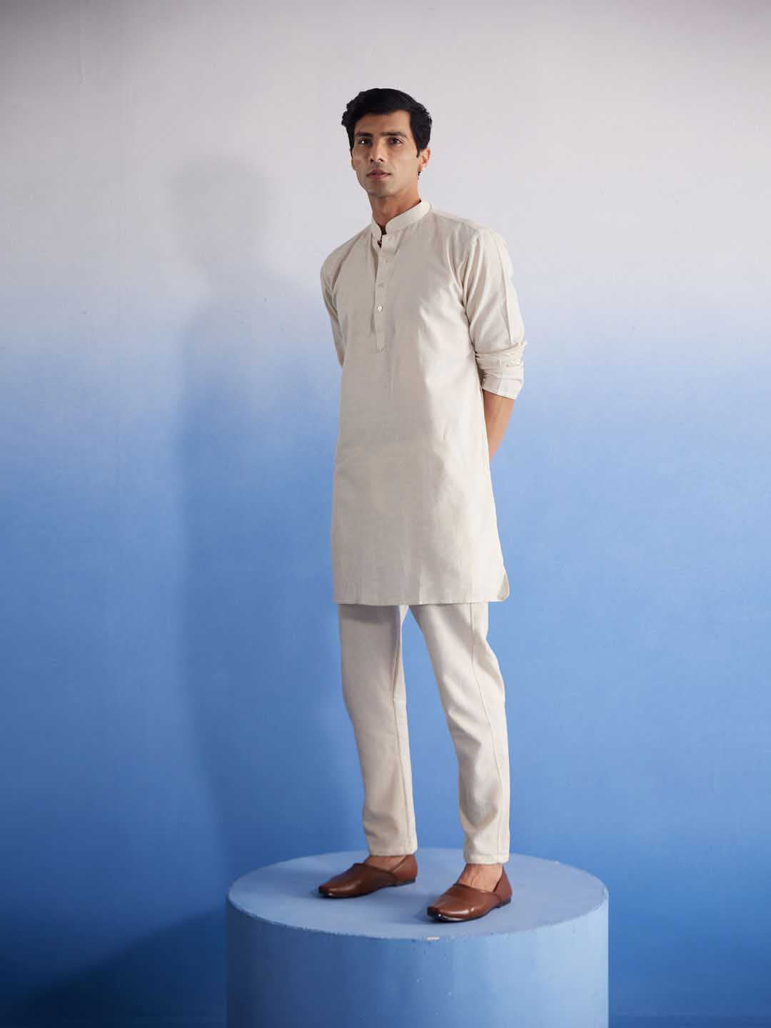 Men's Cream Cotton Kurta With Cream Pant Set