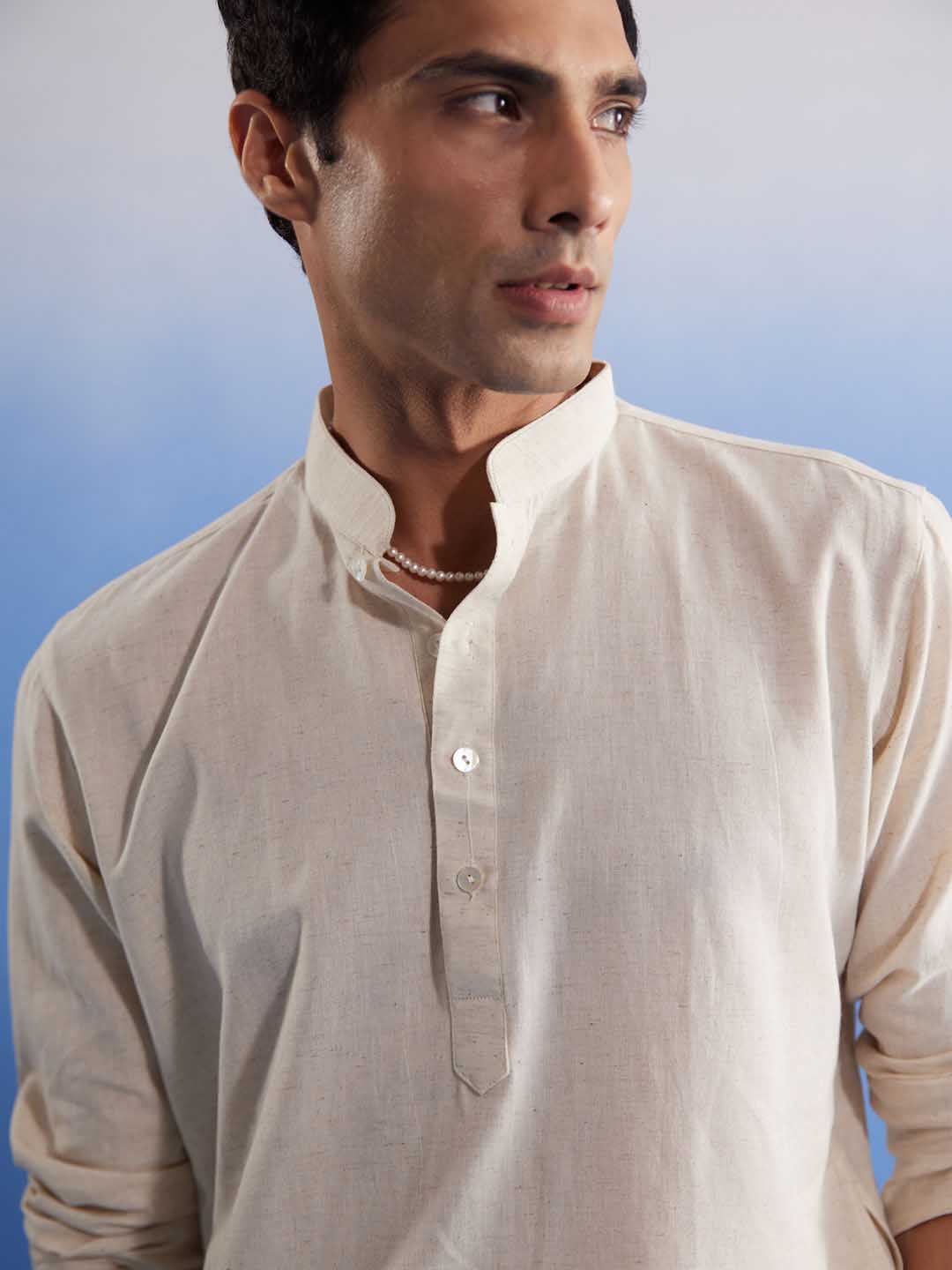 Men's Cream Cotton Kurta With Cream Pant Set