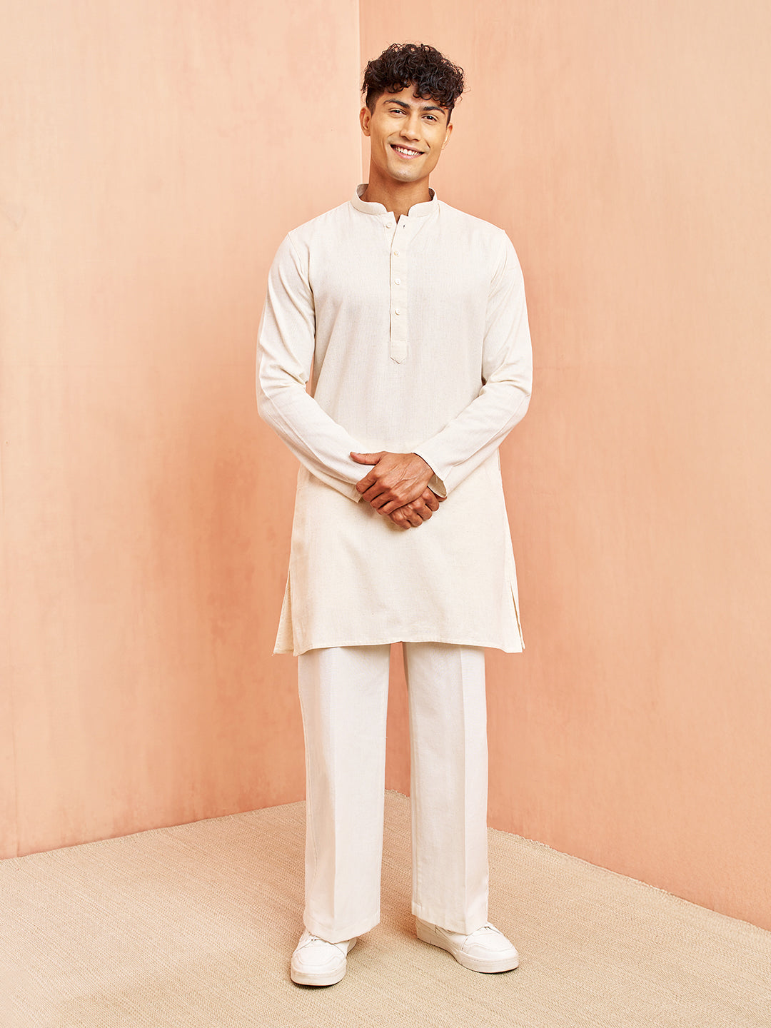 Men's Cream Mid Length Kurta with White Pant Set